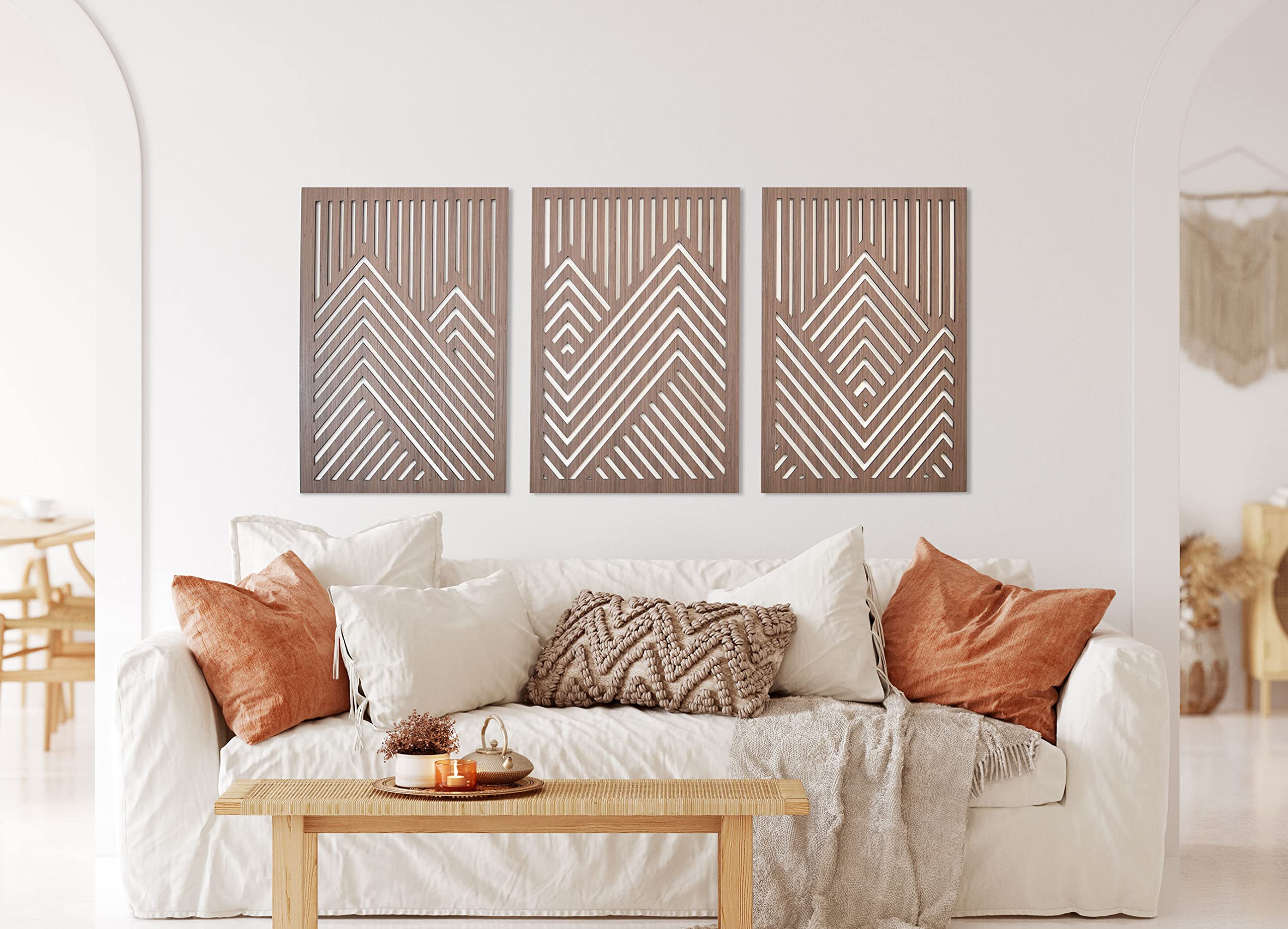 Set of 3 Geometric Wood Wall Art Panels - Mountain Landscape Decor for Living Room, Bedroom & Office