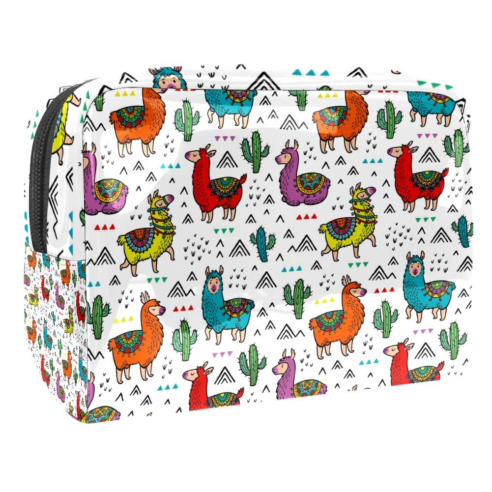 Portable Waterproof Makeup Bag with Zipper - Travel Toiletry Organizer for Women - Cute Llamas & Cactuses Design Cosmetic Pouch - Perfect for Travel, Gym & Daily Storage