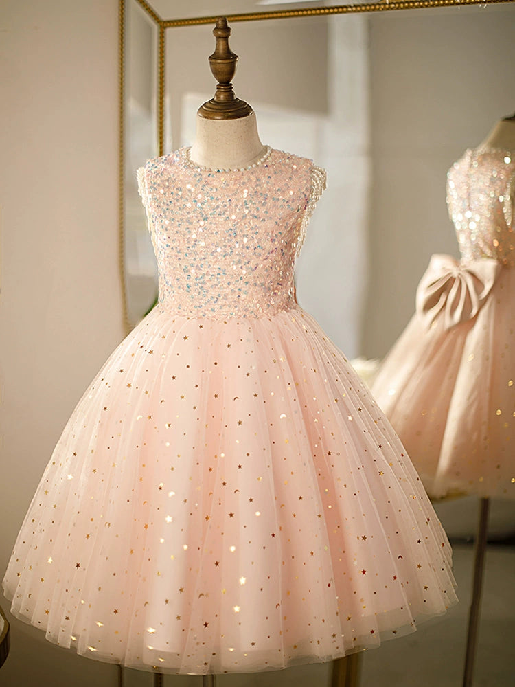 Pink A-Line Round Neck Tea-Length Tulle Flower Girl Dress - Perfect for Weddings, Parties & Special Occasions