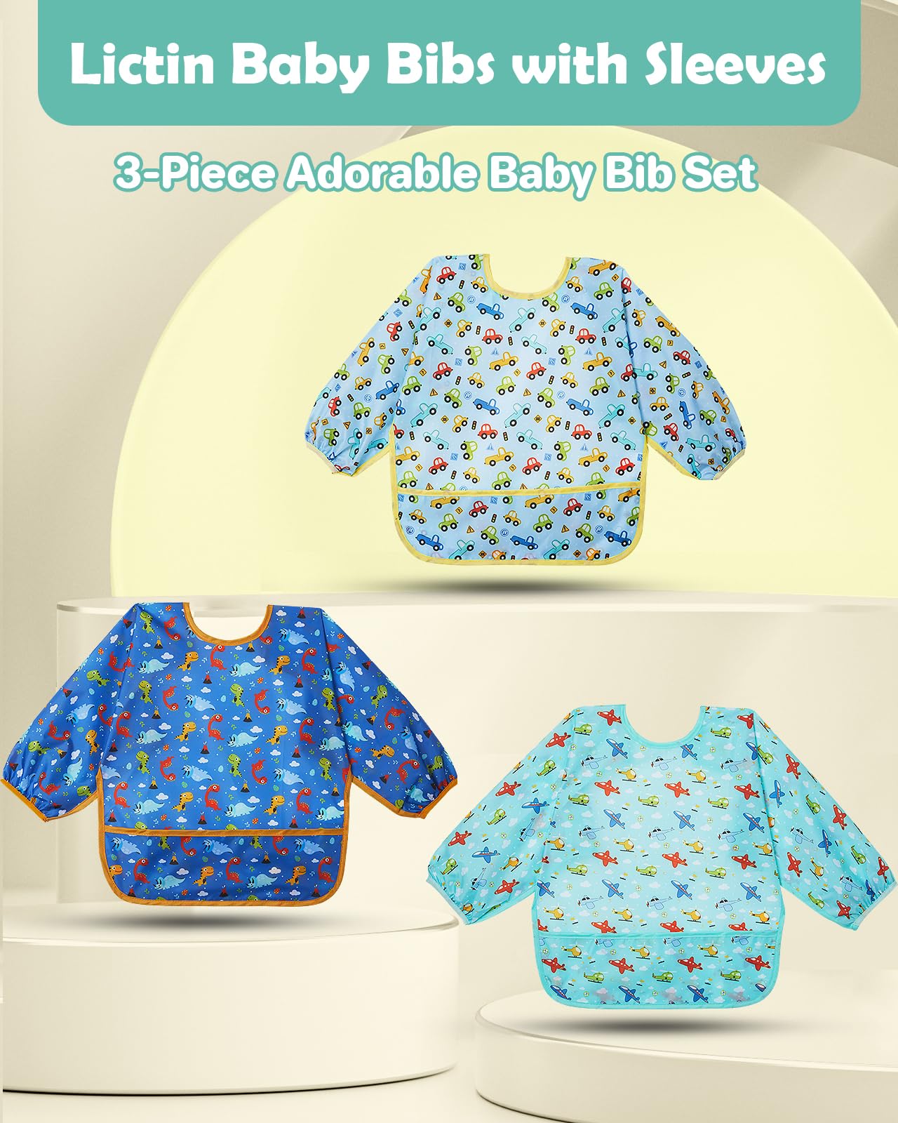 Lictin 3 Pack Baby Bibs for Boys & Girls - Waterproof Long Sleeve Toddler Bibs with Cute Designs - Perfect for Feeding, Mealtime & Messy Play