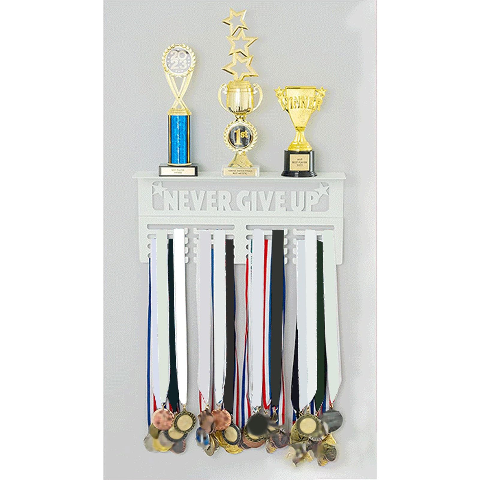 Nurnesy Metal Wall Mounted Trophy Display Shelf with Hook for Runners - Innovative Multi-Purpose Award Holder for Medals & Ribbons - Perfect for Race Finishers, Sports Awards & Home Decor