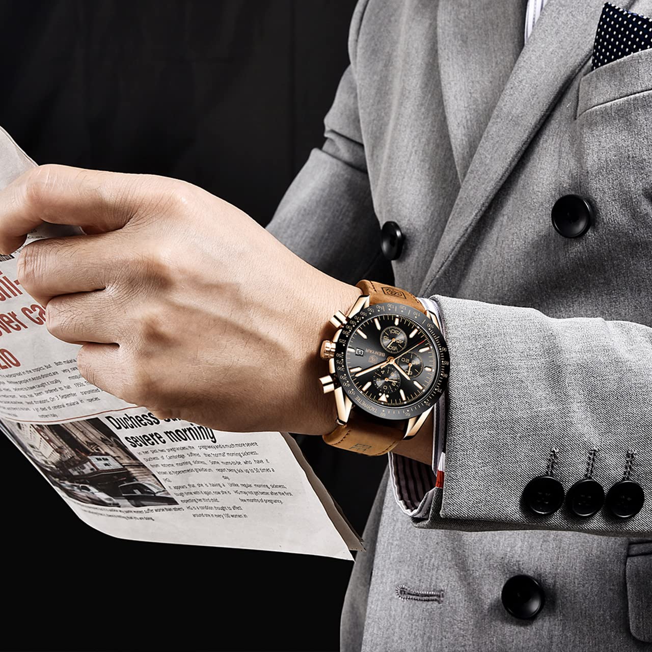 BENYAR Men's Luxury Chronograph Quartz Watch - Waterproof Business Wristwatch with Brown Leather Strap | Perfect for Office, Formal Events & Everyday Wear