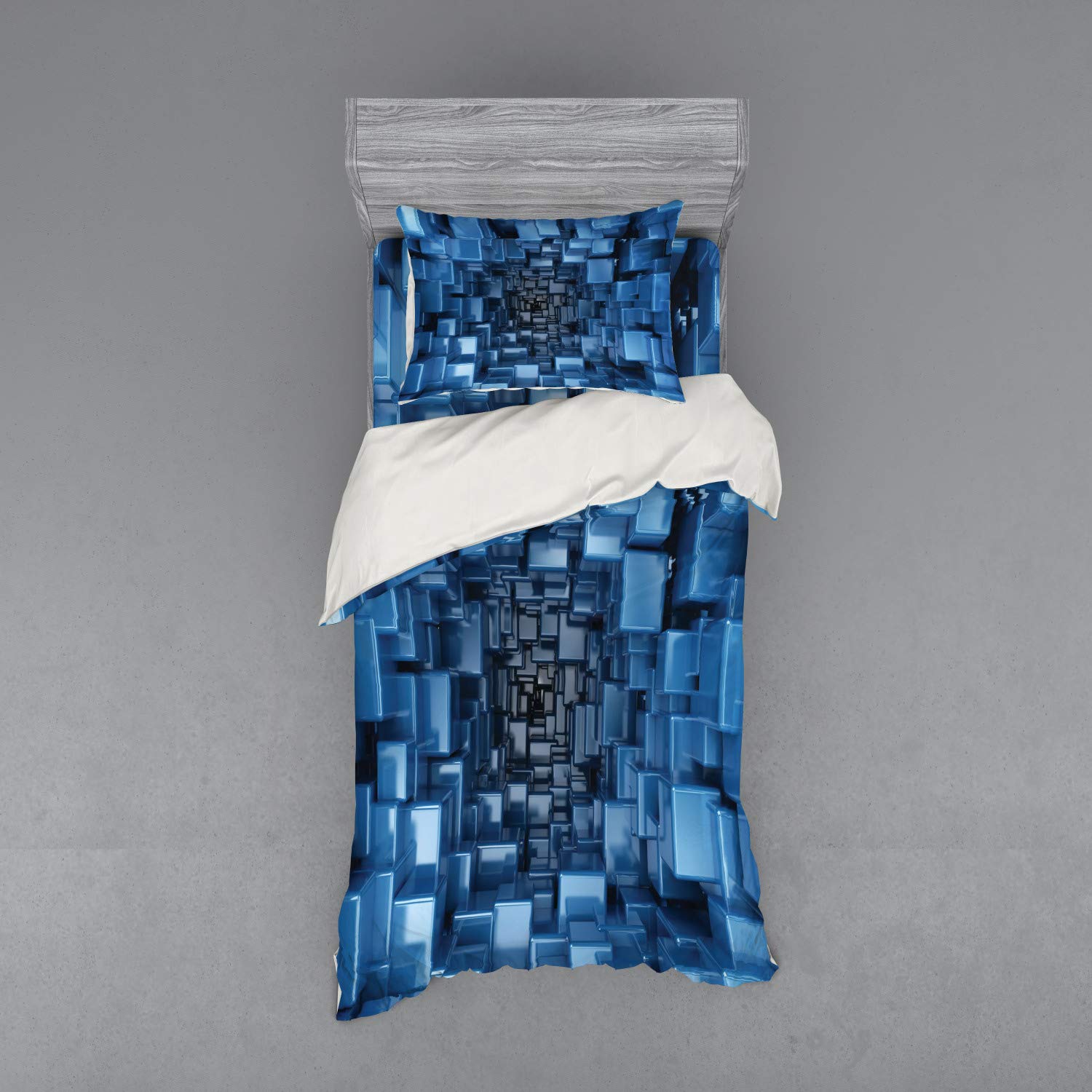 Ambesonne Abstract Bedding Set - Digital Dimensional Square Cubes Geometric Print Duvet Cover with Sham & Fitted Sheet, Twin Size Blue | Modern Home Decor for Bedroom, Guest Room & College Dorm