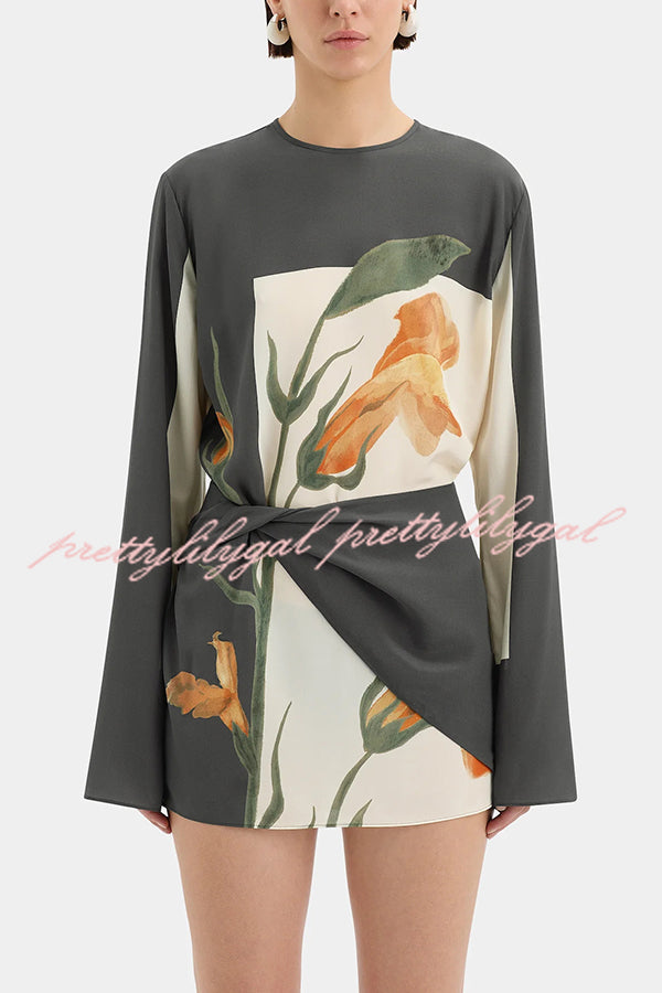 Constance Floral Print Twist Waist Long Sleeve Lightweight Mini Dress - Elegant Summer Cocktail Party & Date Night Outfit