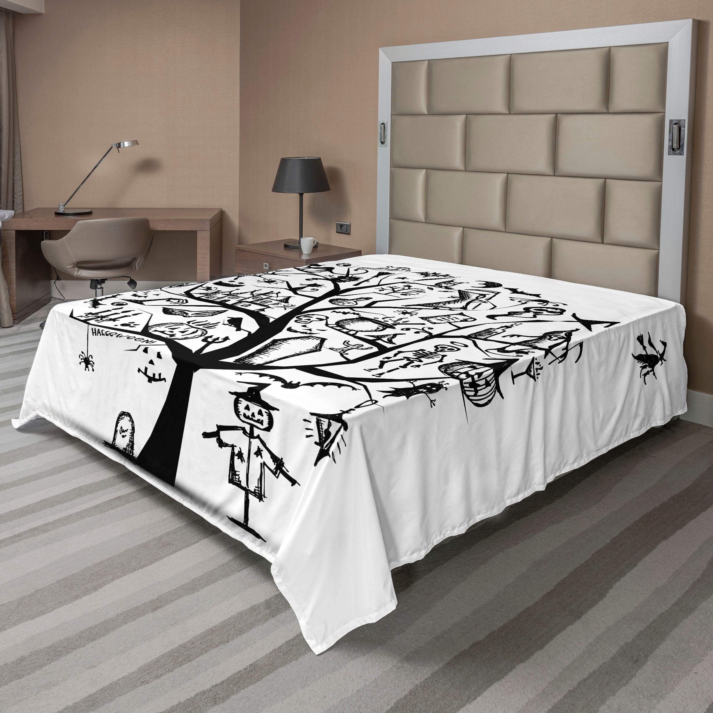 Ambesonne Halloween Queen Size Flat Sheet - Spooky Tree & Witch Broom Abstract Design, Soft Comfortable Decorative Bedding (1 Piece, Black & White) | Perfect for Halloween Decor, Themed Parties & Cozy Bedroom Makeovers