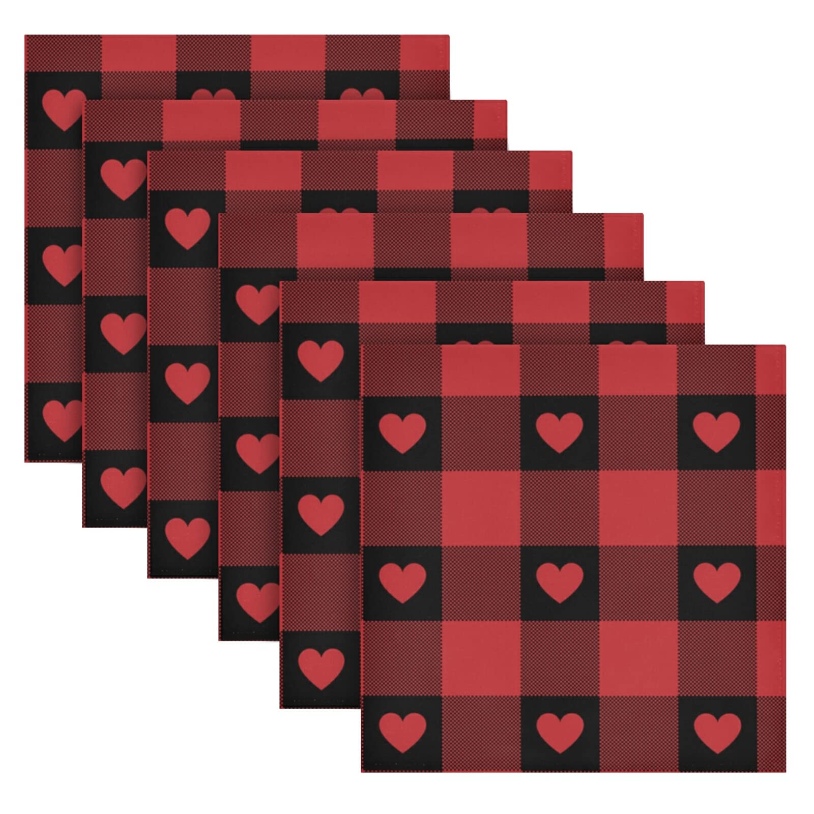 Valentine's Day Red Buffalo Check Heart Print Cloth Napkins - Set of 6 Premium 20