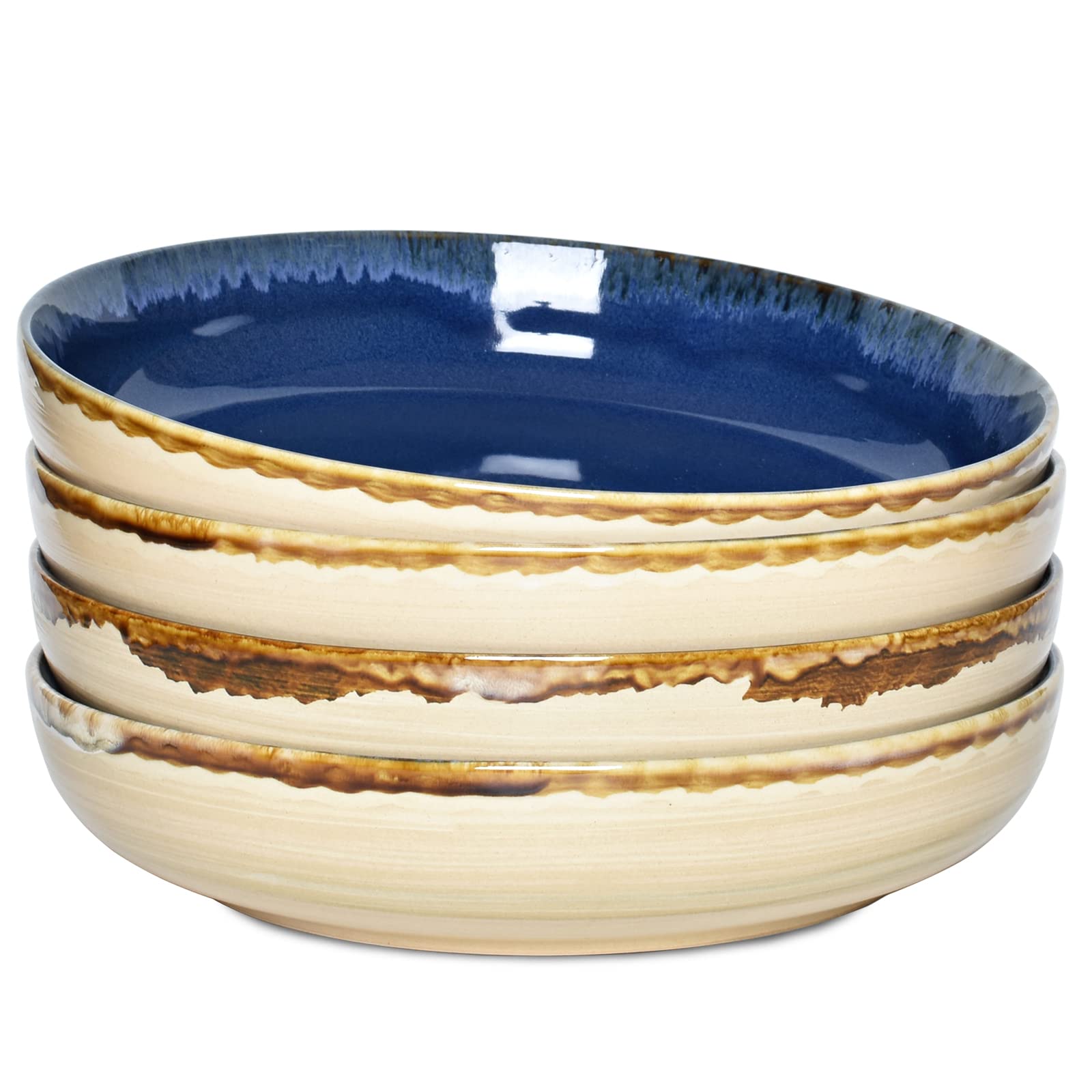 Bosmarlin 40 Oz Stoneware Pasta Bowls Set of 4 - Large Microwave & Dishwasher Safe Salad Bowls in Prussian Blue (9.3 Inch) - Perfect for Family Dinners, Pasta Dishes & Entertaining Guests