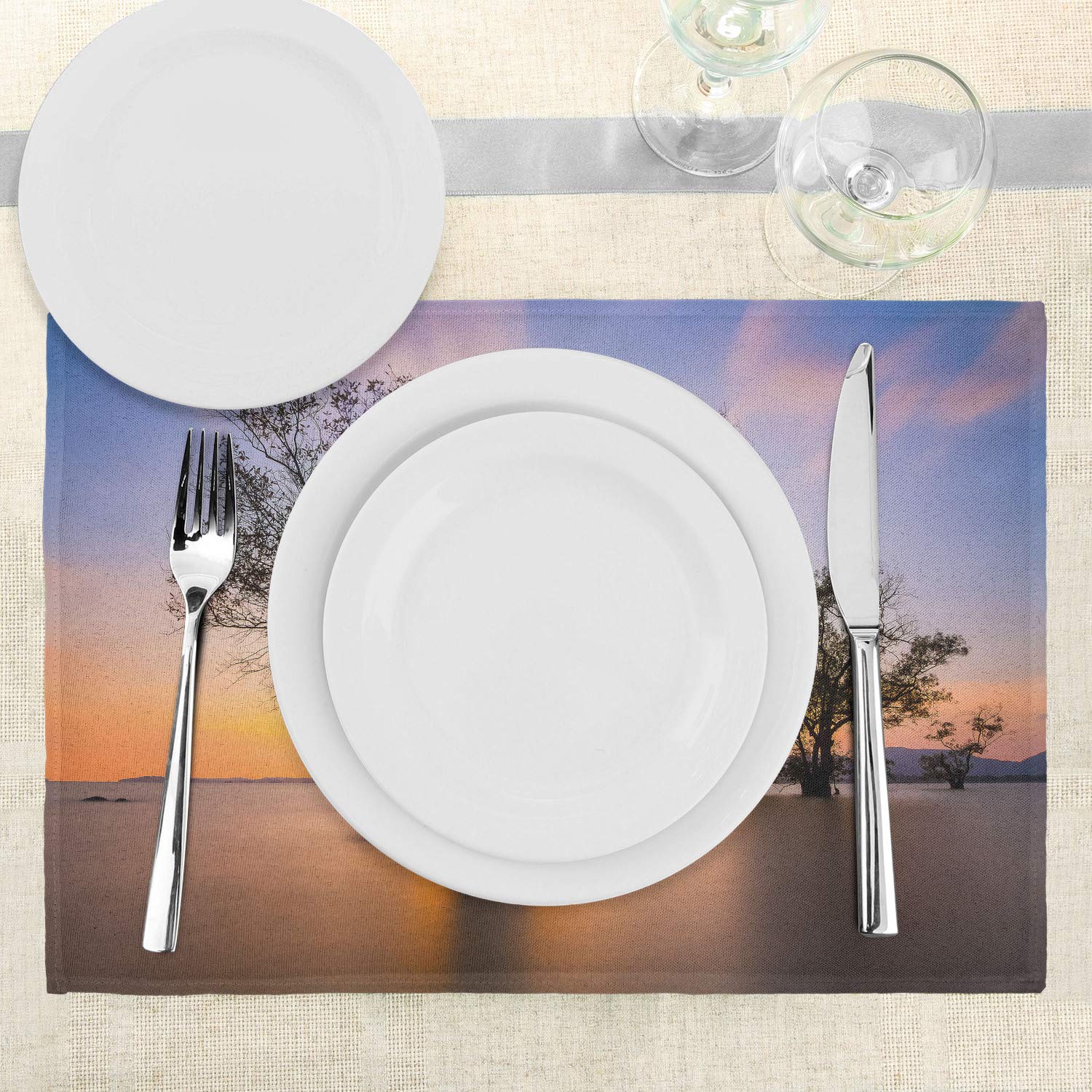 Ambesonne Coastal Place Mats Set of 4 - Sunrise Seascape with Autumn Trees Design, Washable Fabric Table Mats for Dining Room & Kitchen Decor in Blue & Yellow | Perfect for Beach-Themed Dinner Parties, Holiday Gatherings & Coastal Home Decor