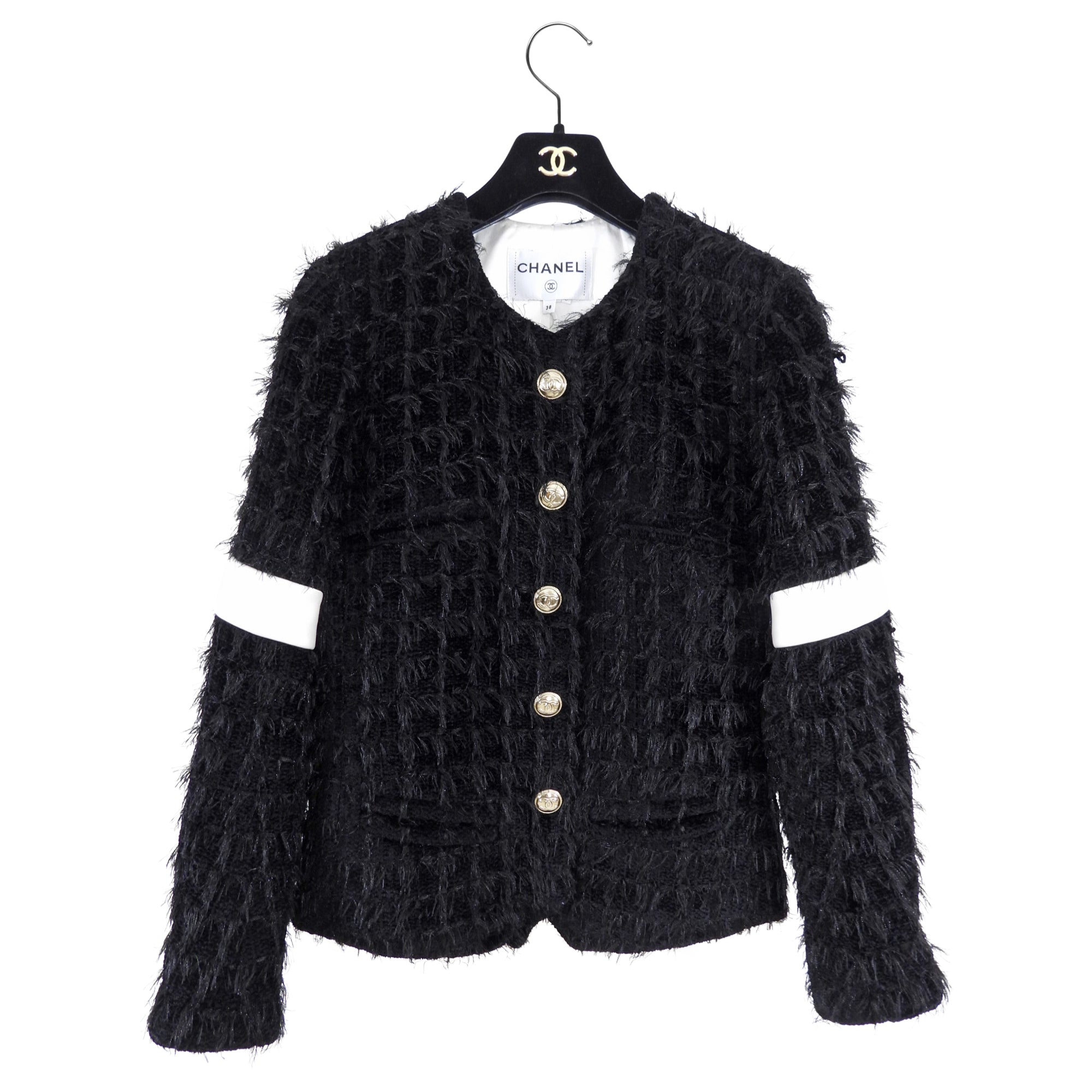 Chanel 20K Black Eyelash Tweed Jacket with White Satin Trim - Size FR38 | Luxury Designer Blazer for Women | Perfect for Evening Parties, Weddings & Special Occasions