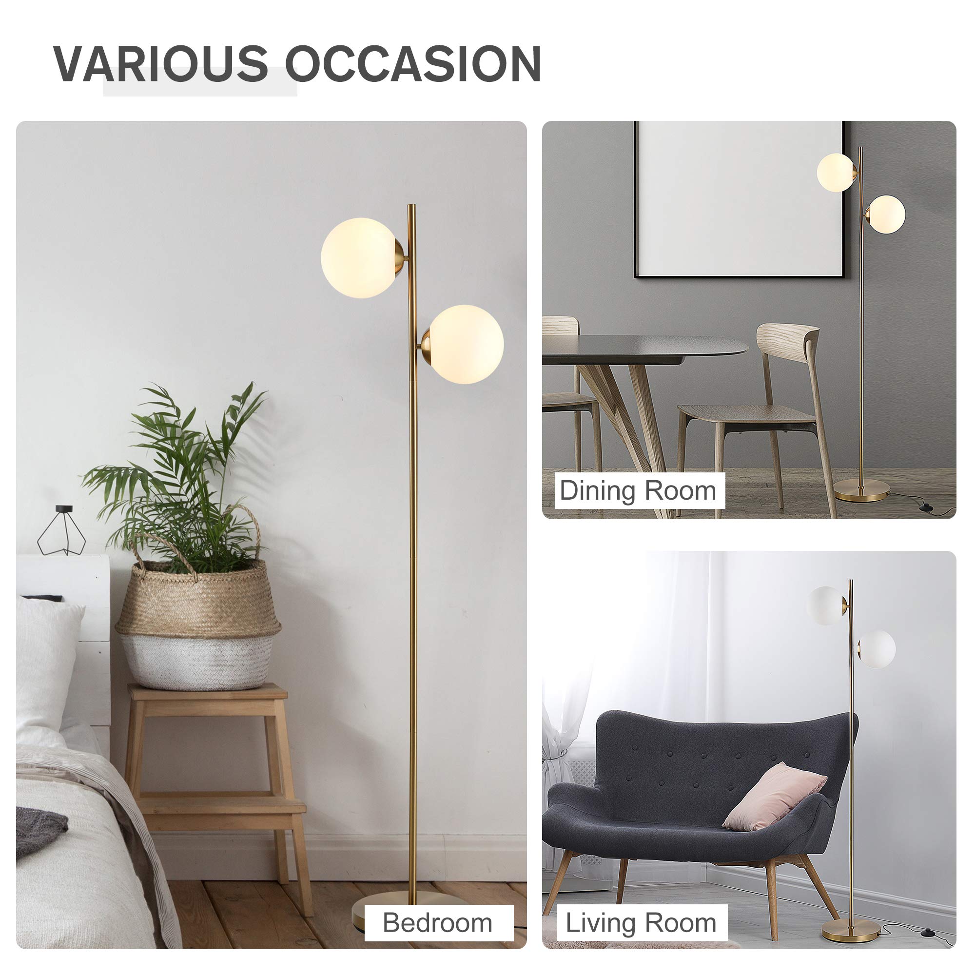 Modern White HOMCOM Floor Lamp with 2 Glass Shades - Portable Decorative Lighting for Living Room, Bedroom & Office
