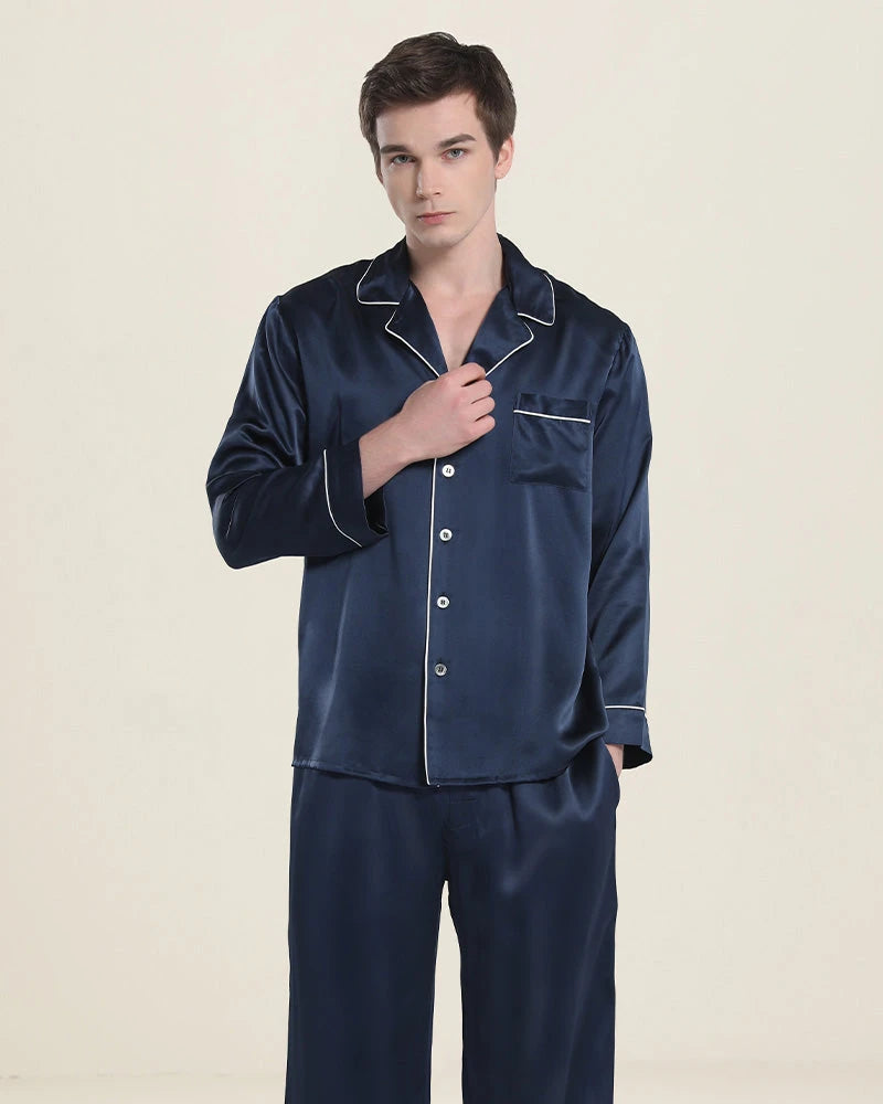 Premium Men's Silk Pajama Set with Lapel Collar - Soft & Breathable Sleepwear for Lounge & Travel - Perfect for Home Relaxation & Hotel Stays
