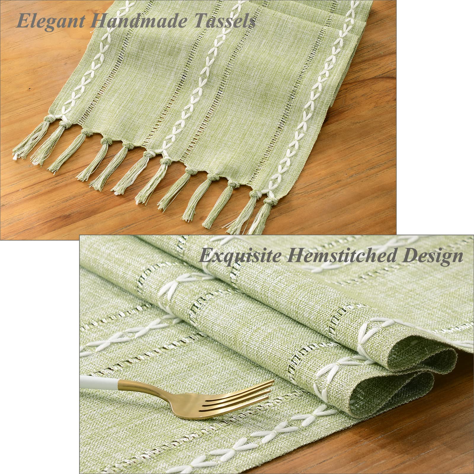 Rustic Hemstitch Linen Table Runner 108 Inches Long - Farmhouse Dining Table Decor with Tassels for Kitchen, Coffee Table, Party & Dresser - Sage Green 13