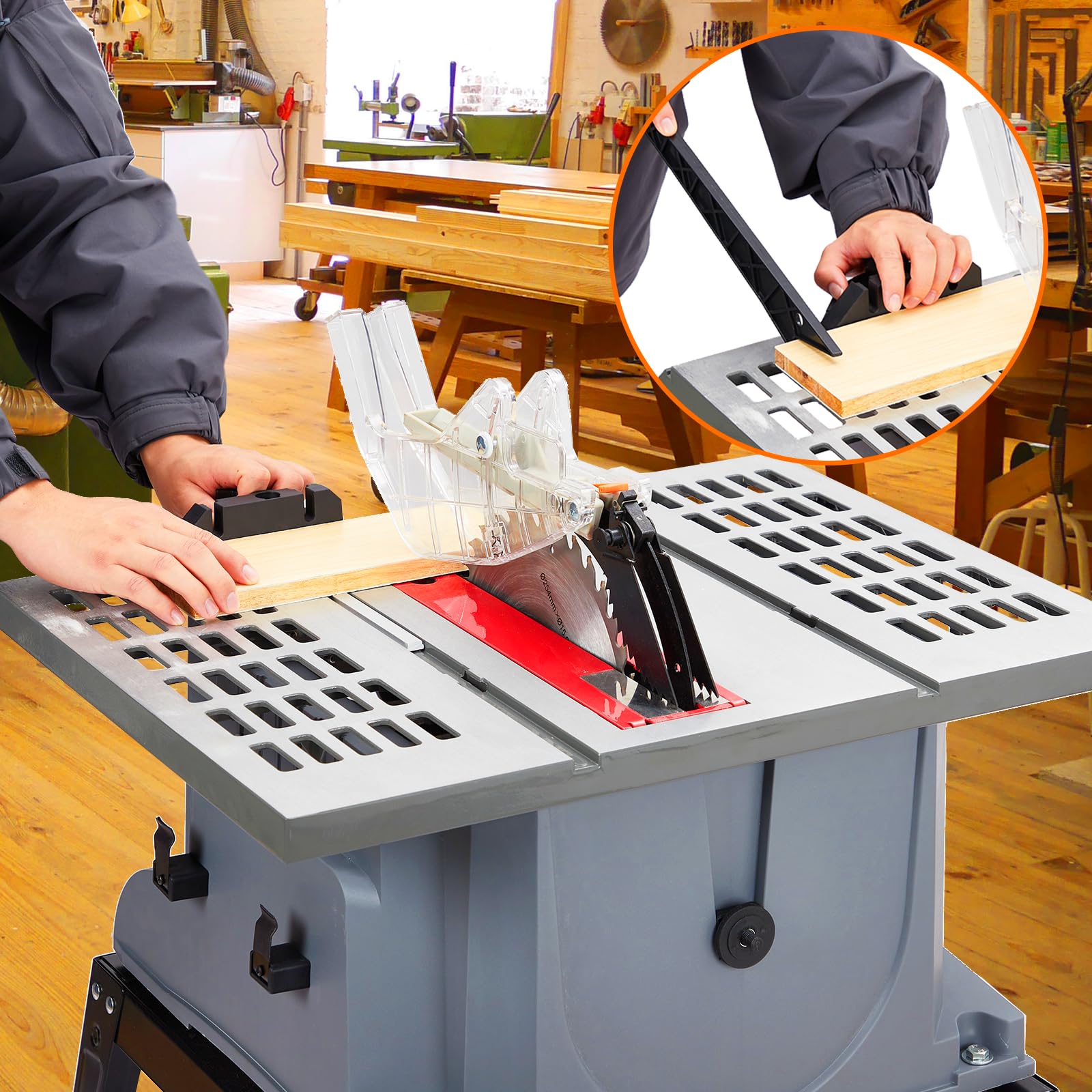 10-Inch Portable Table Saw 1800W 5000RPM with Stand - Safety Switch & Push Stick Included - 90° Cross Cut & 0-45° Bevel Cutting - Powerful Woodworking Tool for DIY Projects, Home Improvement, and Professional Carpentry