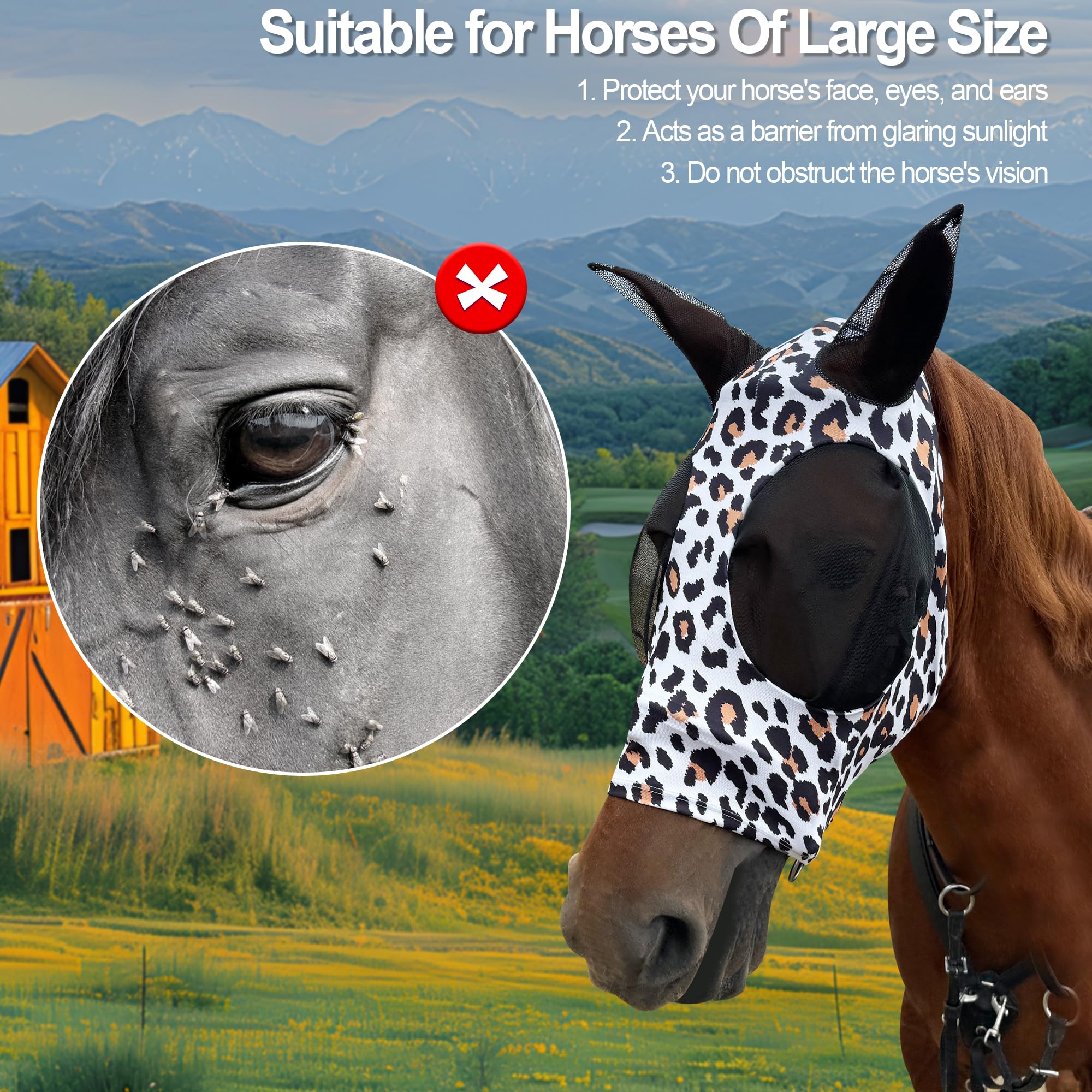 Breathable Horse Fly Mask with Ears - UV Protection Equine Fly Mask for Large Horses, Comfortable Elastic Fabric with Spacious Eye Design - Leopard Print Funny Horse Mask for Riding, Training & Pasture Protection