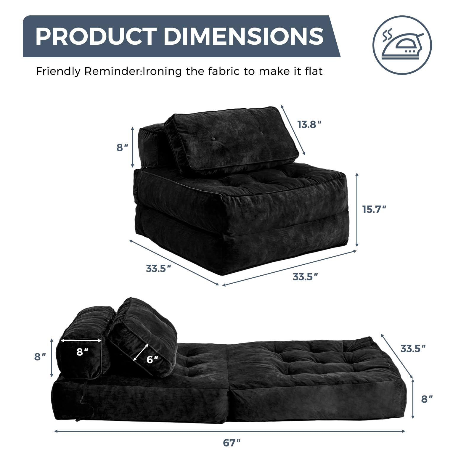 MAXYOYO Velvet Convertible Sleeper Sofa Bed - Foldable Futon Chair with Pillow for Small Spaces, Guest Room & Apartment - Portable Fold Out Bed in Black - Perfect for Living Room, Studio & Dorm
