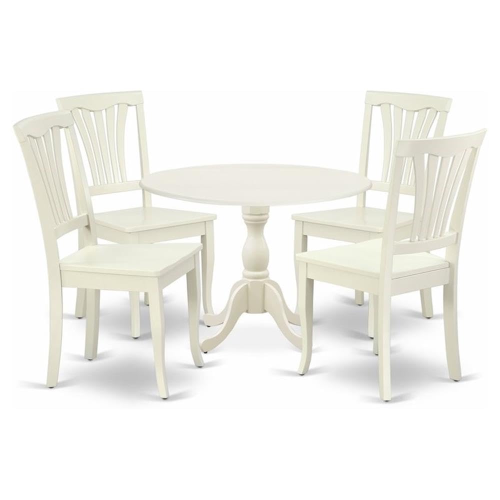 East West Furniture DMAV5-LWH-W 5-Piece Modern Dining Room Set - Round Wooden Table with Drop Leaf & 4 Upholstered Chairs, 42x42 Inch, Linen White - Perfect for Small Spaces, Breakfast Nooks & Cozy Apartments