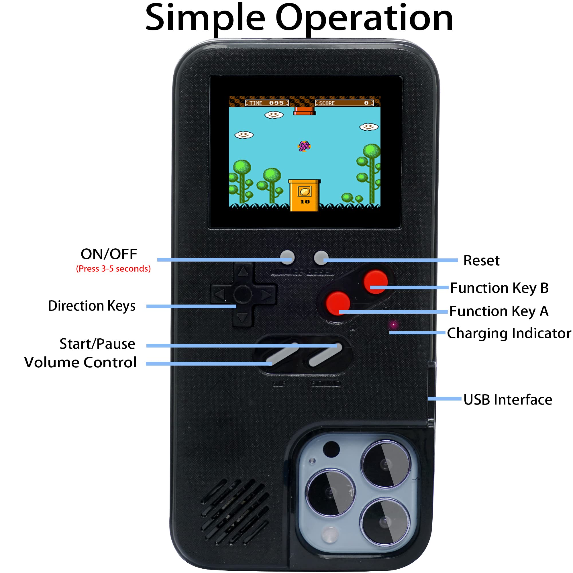 Retro Gameboy Case for iPhone 11 Pro Max - 36 Classic Handheld Games with Color Display | Shockproof & Anti-Scratch Phone Cover (Black) | Perfect for Gaming Enthusiasts & Nostalgic Entertainment