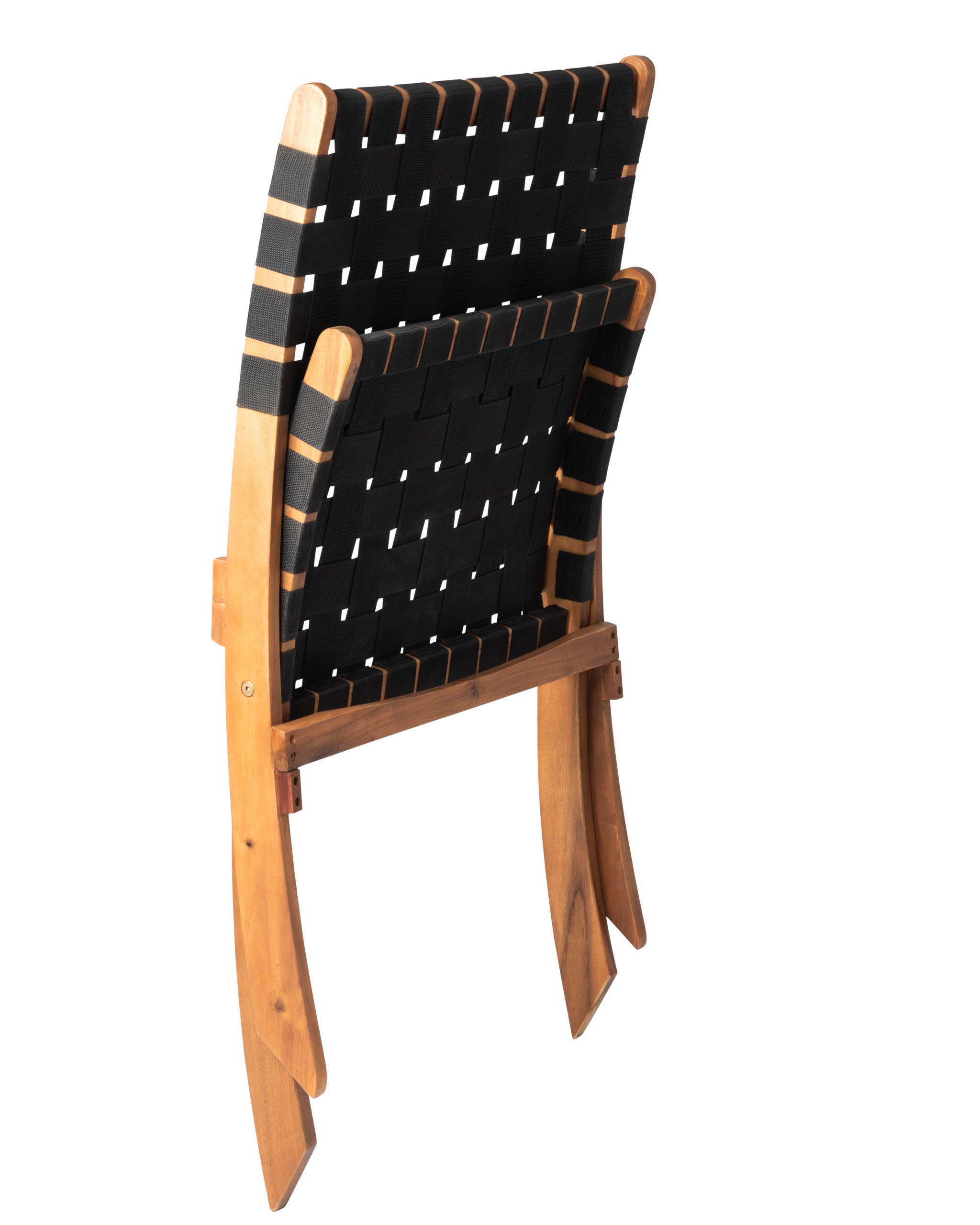 Patio Sense 62774 Sava Folding Chair - Solid Acacia Wood with Woven Seat & Back - Indoor Outdoor Portable Low Slung Chair for Porch, Lawn, Garden, Fishing & Sporting Events - Black Webbing - Perfect for Camping, Picnics, and Backyard Relaxation