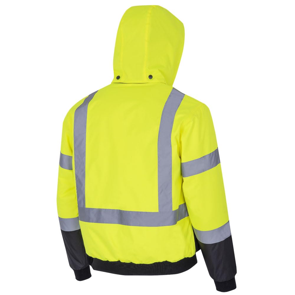 Pioneer Class 3 Hi-Vis Waterproof Heated Safety Jacket for Men - Winter Reflective Bomber Jacket with Detachable Hood - Ideal for Construction, Road Work & Outdoor Winter Activities
