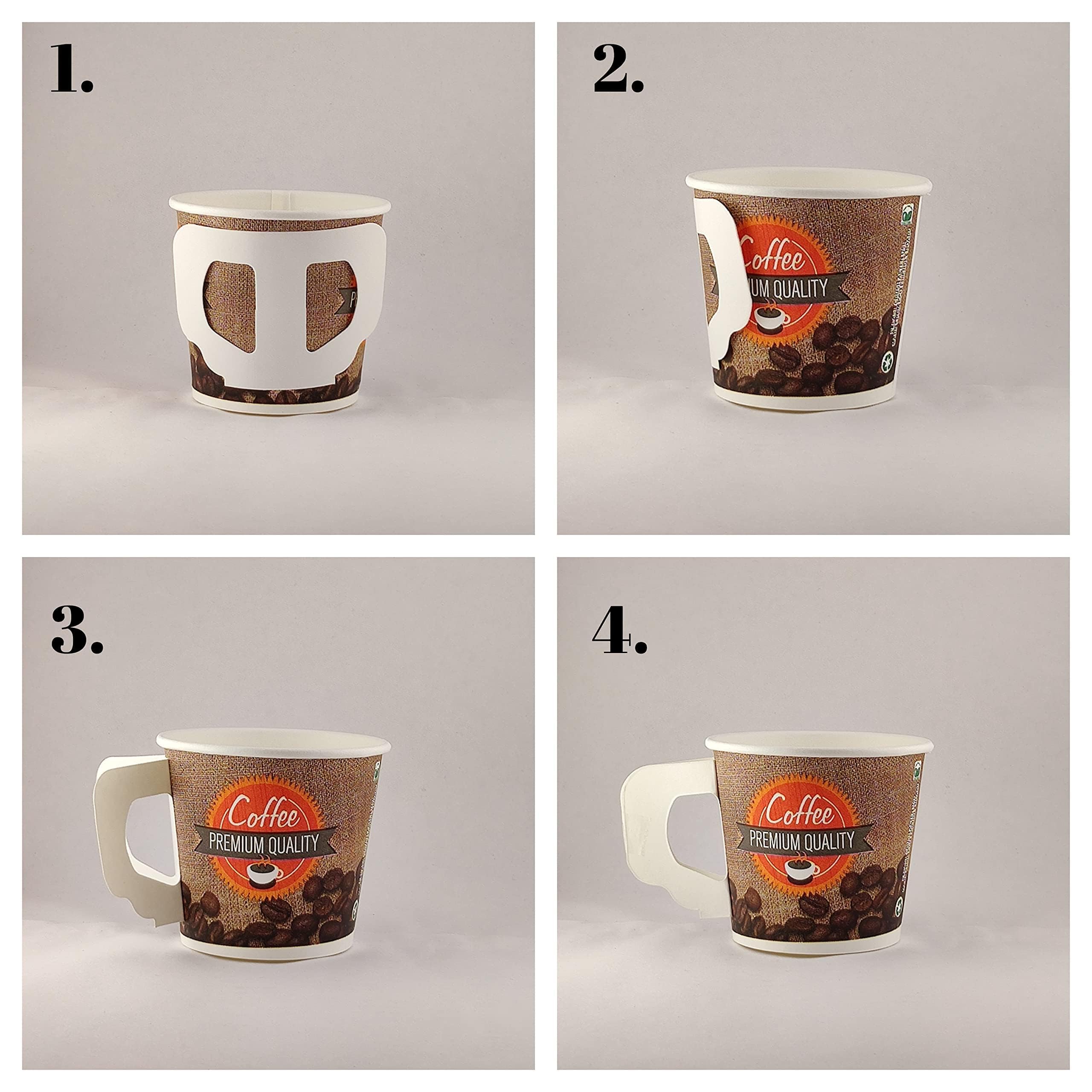 PARICOTT - 100 Pack Disposable Coffee Cups 150ml, Printed Paper Tea/Coffee Mugs, Eco-Friendly Recyclable Single-Use Drinkware for Office, Parties, Picnics & Catering Events - Multicolor Handle Cups