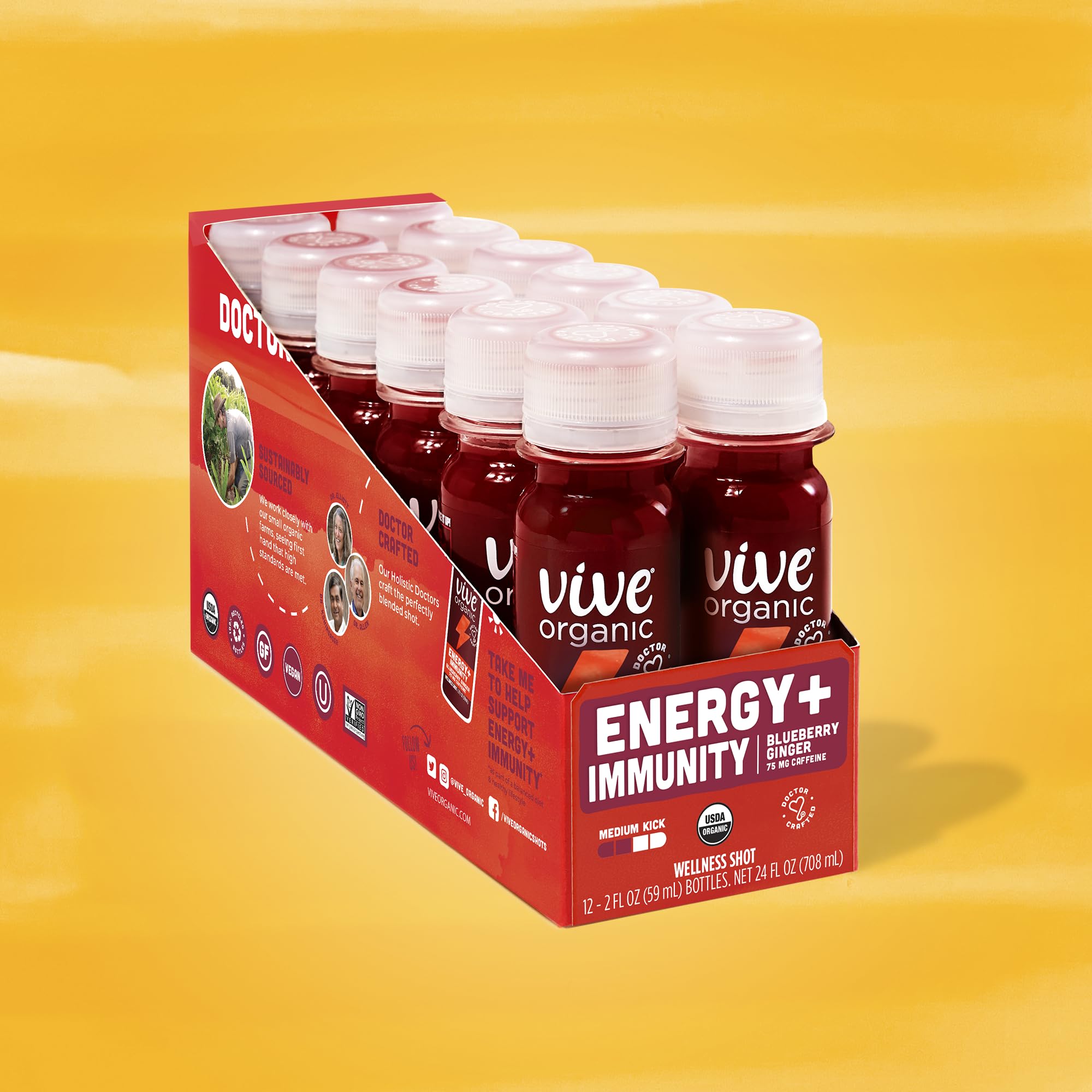 Vive Organic Energy Shot with Immune Support - Ashwagandha, Green Tea & Caffeine Boost - Gluten Free, Vegan, Non-GMO - 2 Fl Oz (Pack of 12) - Perfect for Workouts, Travel & Daily Energy