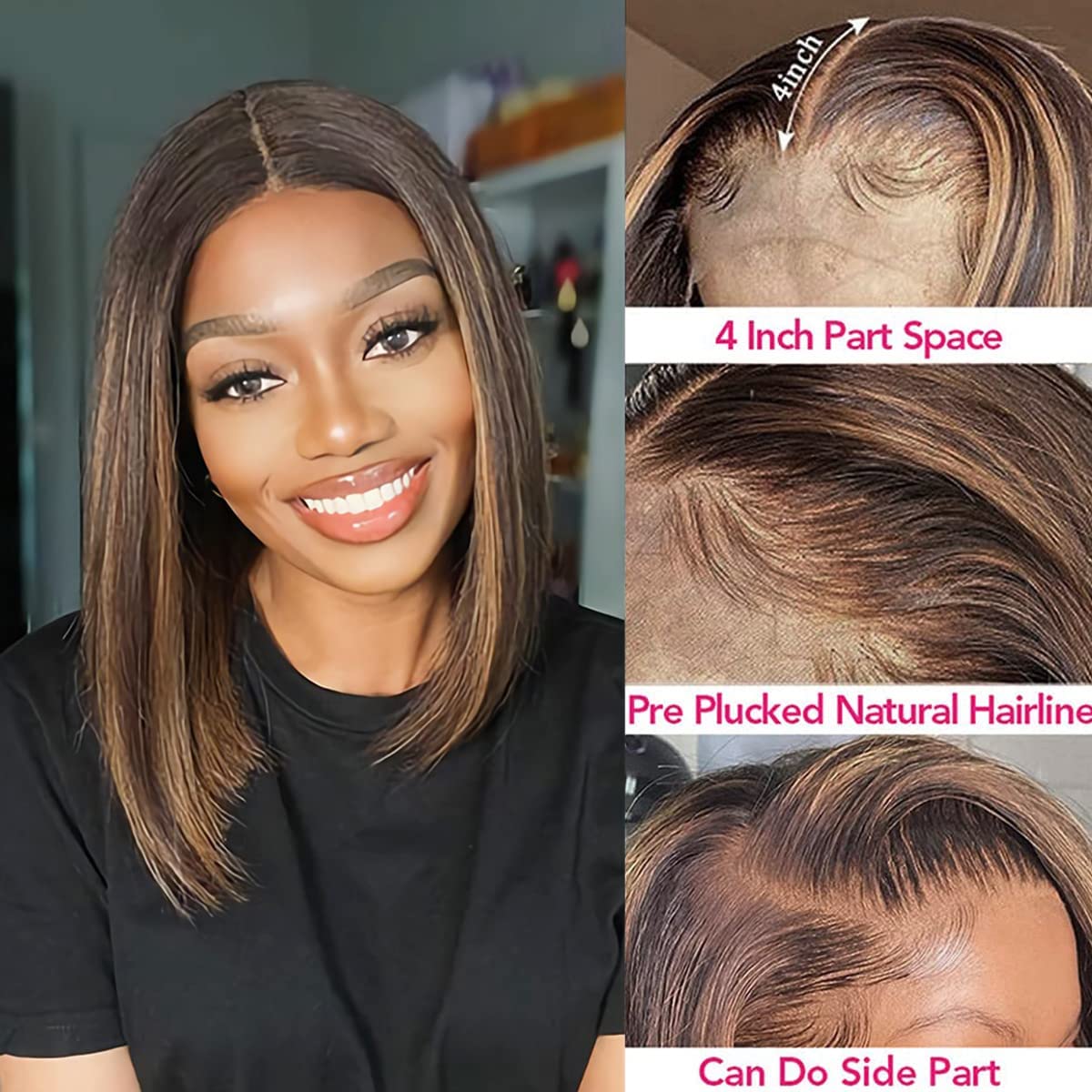 Honey Blonde Ombre Lace Front Bob Wig - 12inch Human Hair Straight Wig with 4x4 Lace Closure, 150% Density & Pre-Plucked Hairline | Natural Balayage Highlights for Women | Perfect for Cosplay, Parties & Daily Wear