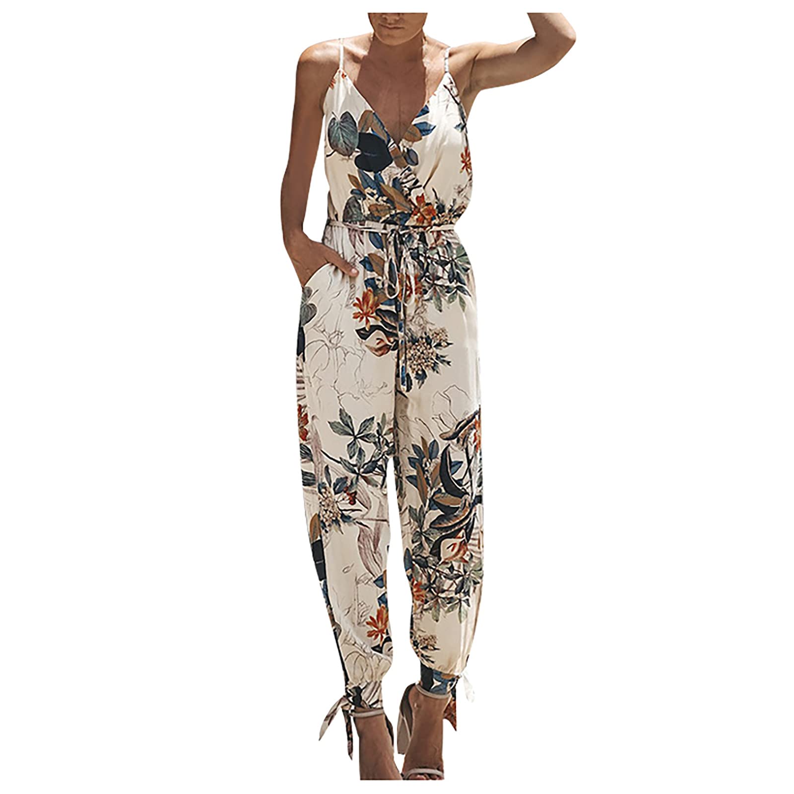 NAMTYQX Women's Sexy Floral Print Jumpsuit - Spaghetti Strap, Backless, Halter Neck, Sleeveless Summer Romper for Beach, Party & Vacation Outfits