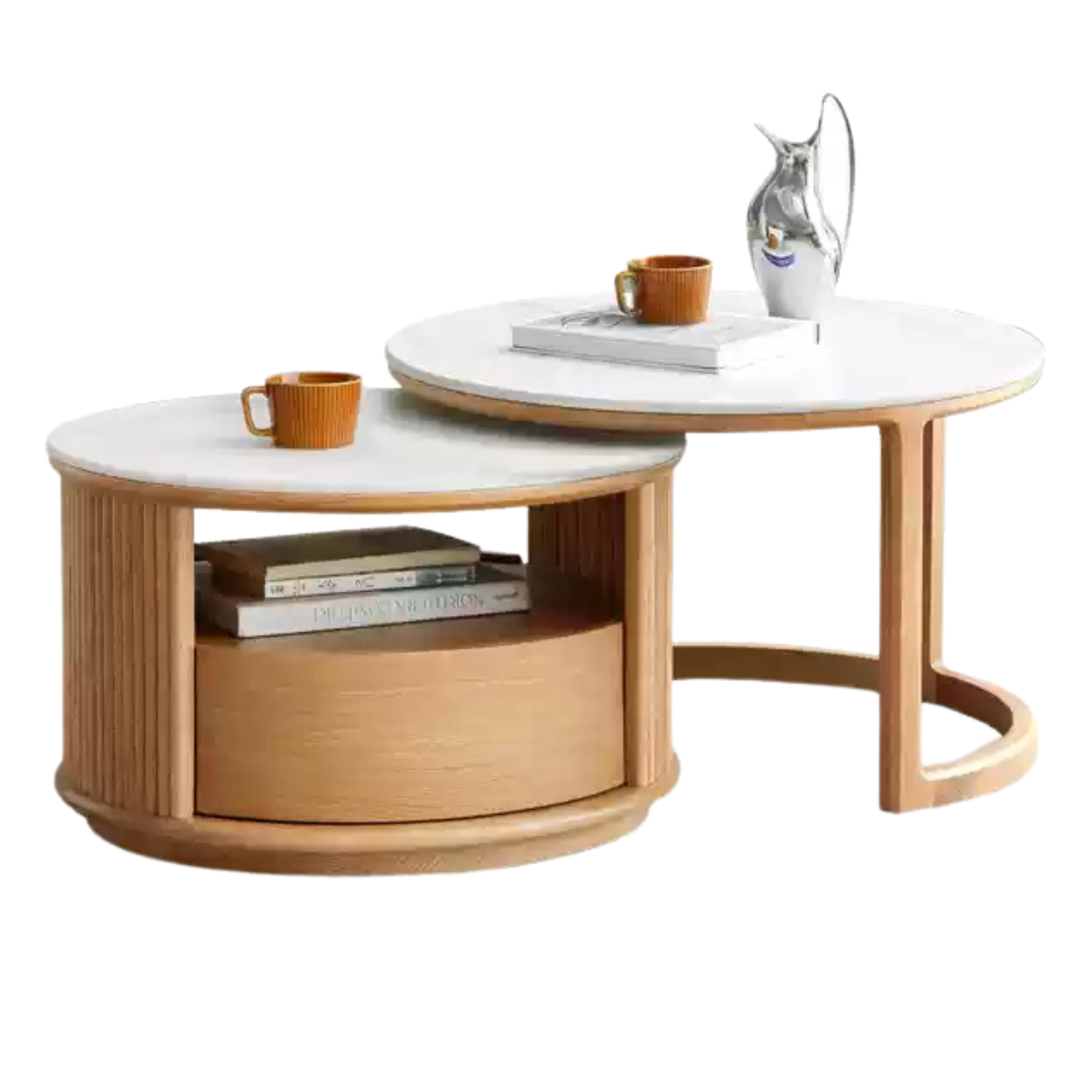 28.3x28.3x16.5 inch / 72х72х42cm + 23.6x23.6x15 inch / 60x60x38сm / Oak Natural wood color / round table + single drawer coffee table