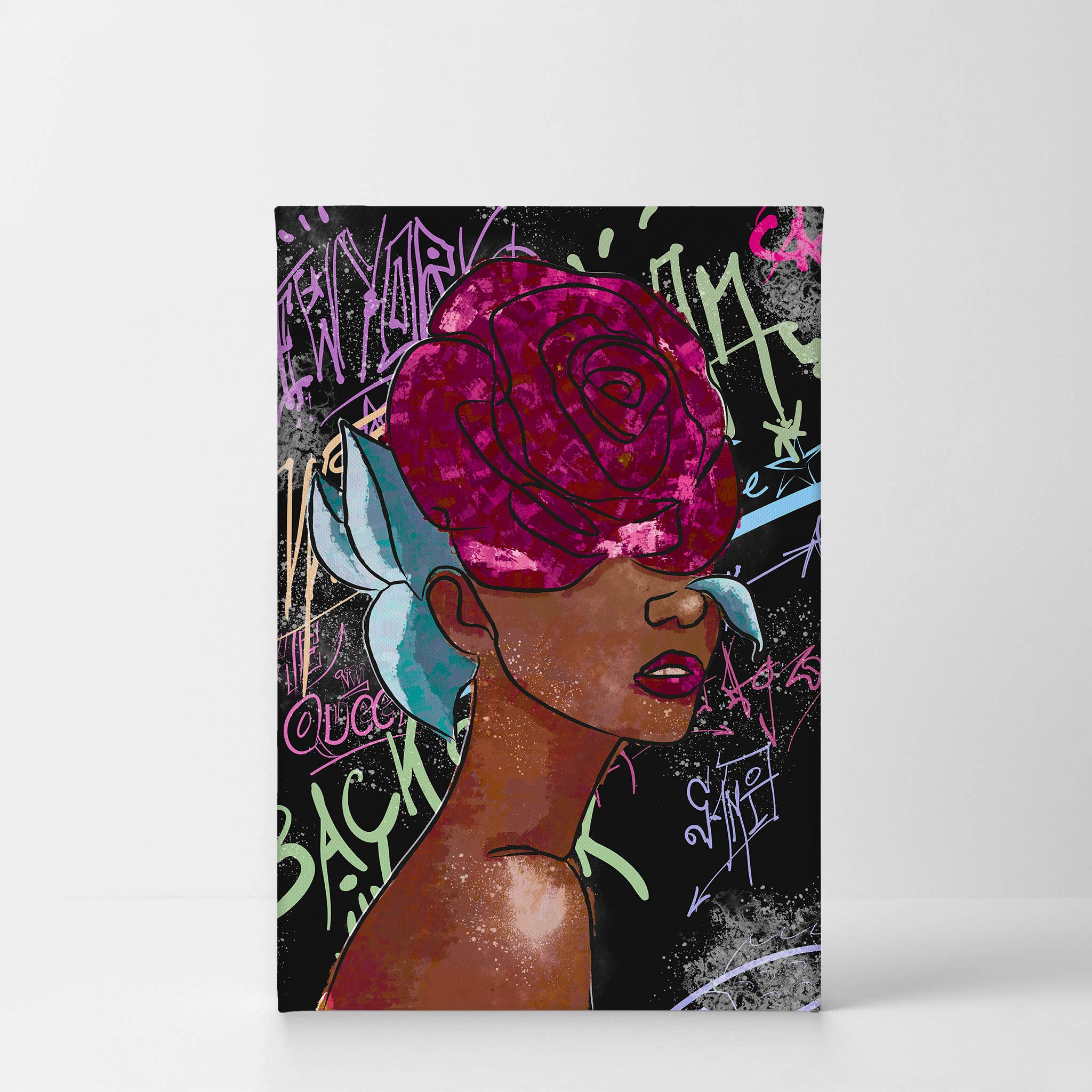 African American Wall Art Canvas Print - Black Girl with Pink Rose Pop Art Decor - 40x30 Inch Modern Black Art for Living Room, Bedroom & Office - Unique African American Cultural Home Decor Gift