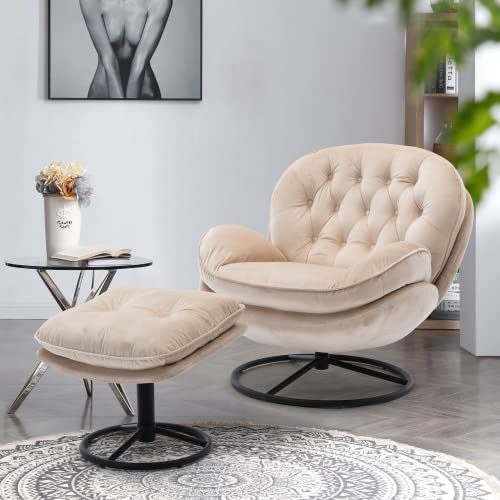 Velvet Swivel Accent Chair with Ottoman Set - 360 Degree Rotating Modern Lounge Chair with Footrest, Comfortable Armchair for Living Room, Bedroom or Office - Beige Upholstered Single Sofa for Relaxing & Reading