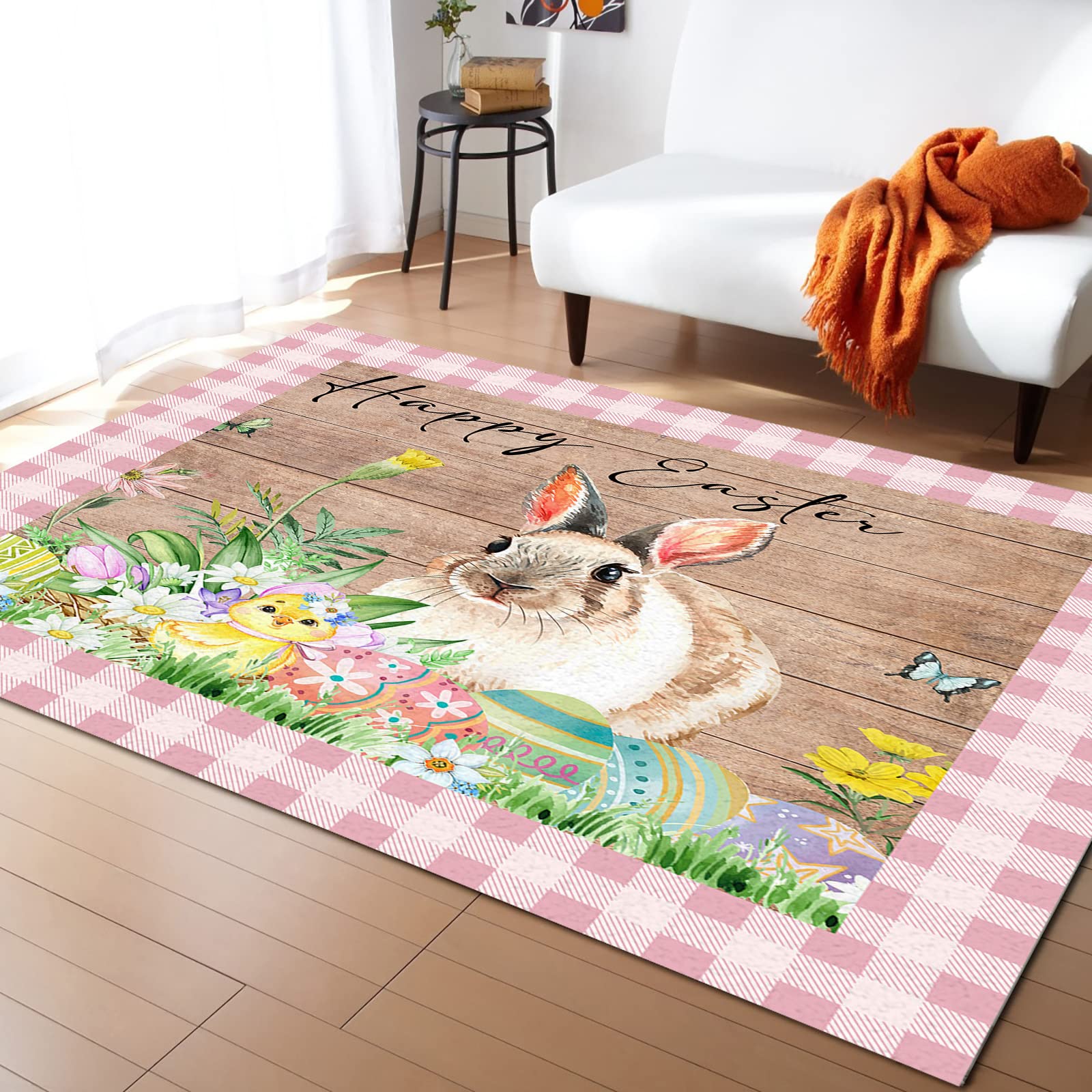 5'x7' Large Rectangle Washable Non-Slip Area Rug - Spring Floral Easter Bunny Wooden Plaid Design for Living Room, Nursery, Bedroom | Home Decor Floor Mat for Comfort & Style