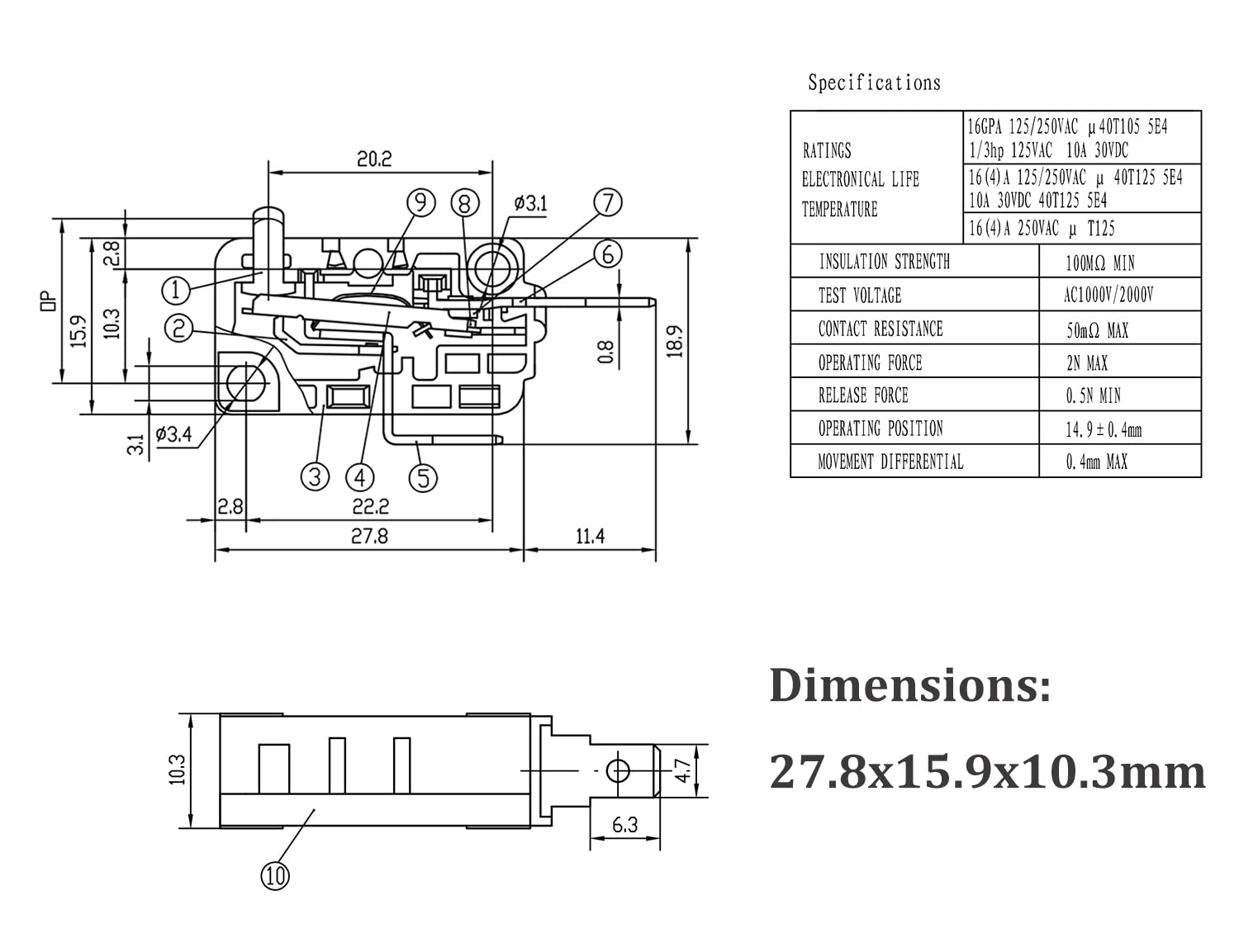 KW3AT-16 Microwave Oven Door Switch Replacement Part - 16A 125VAC, Compatible with KW3A-16, Normally Closed (1Pc) - Perfect for Microwave Repair & Maintenance at Home
