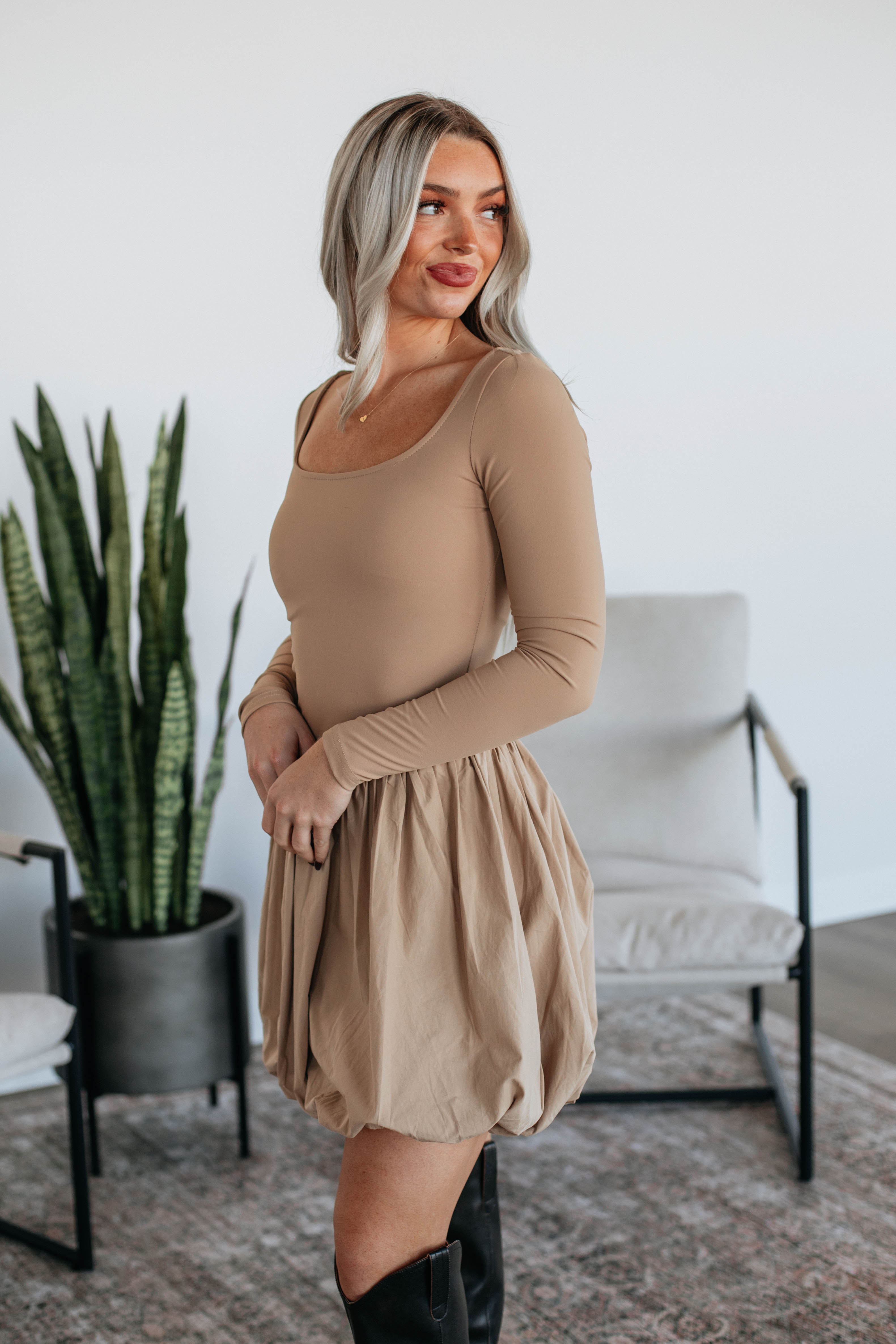 Call It Fate Dress in Camel - Elegant Women's Midi Dress for Casual Outings & Special Occasions