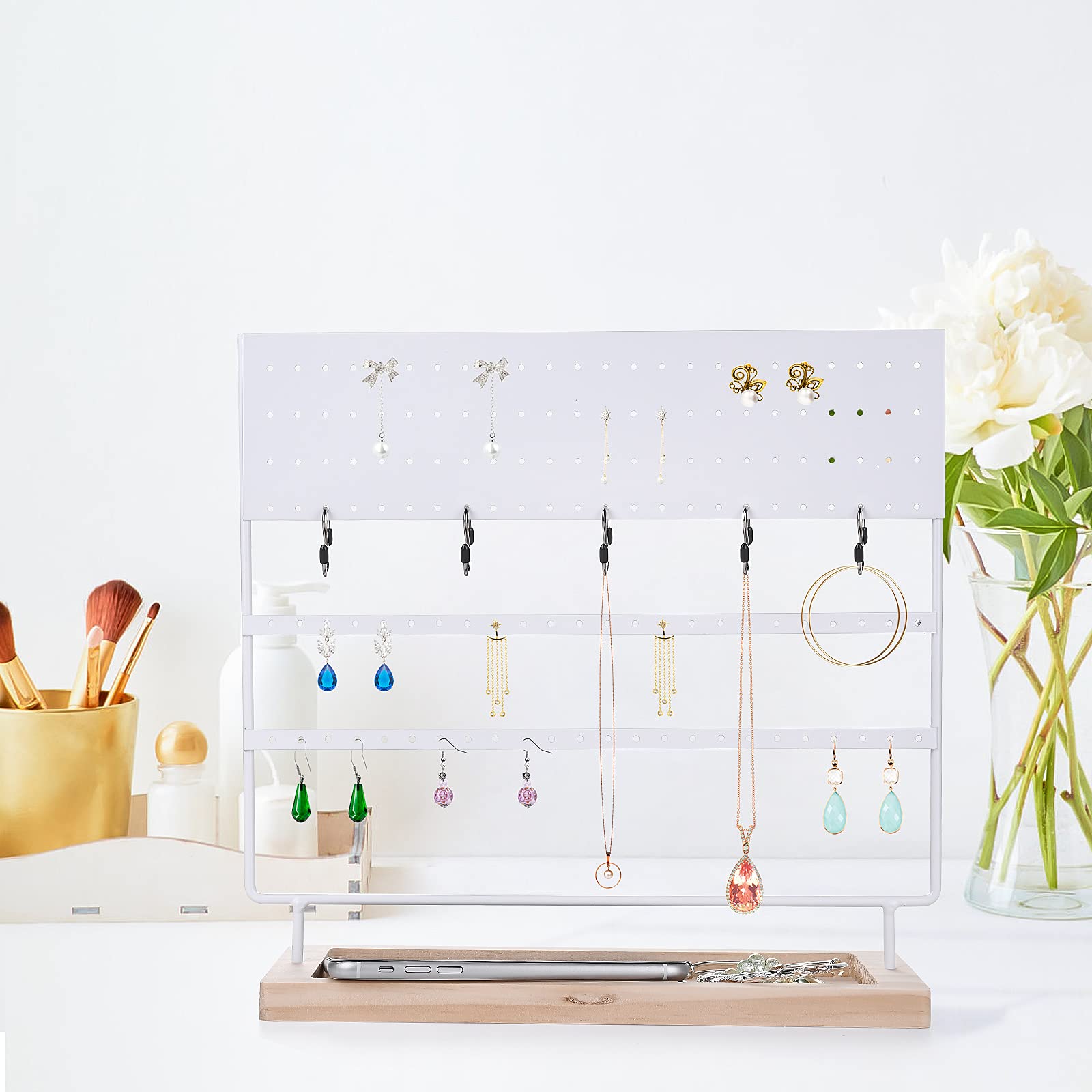 VERGILIUS White Jewelry Organizer Stand - 144 Holes Earring & Necklace Display Tree for Stylish Jewelry Storage | Perfect for Bedroom, Bathroom, and Vanity Organization