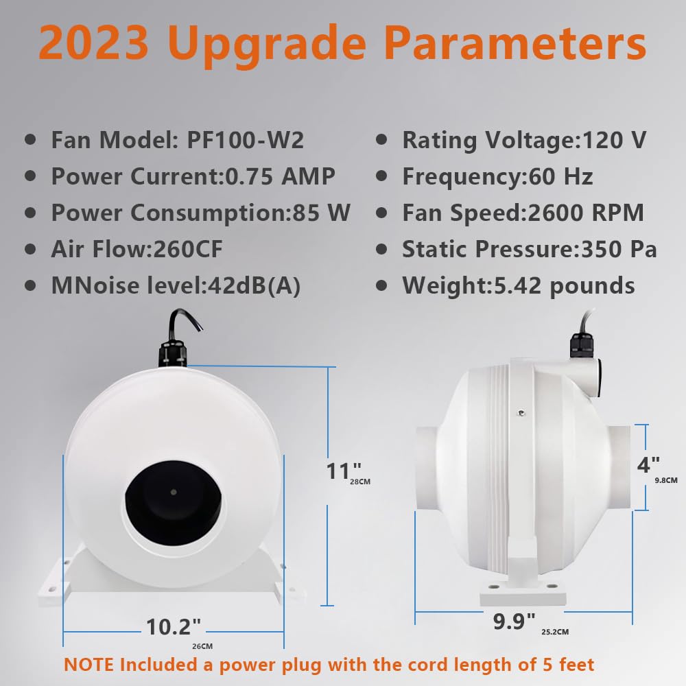 4 Inch 260 CFM Radon Mitigation Inline Duct Fan - IP67 Waterproof Electric Exhaust Fan for Indoor & Outdoor Use - Energy Efficient Ventilation Equipment for Basements, Crawl Spaces & Greenhouses