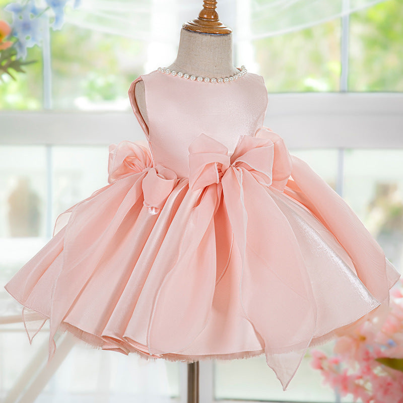 Elegant Baby Pink Sleeveless Bow Puff Dress for Toddlers - Girls' Party Dresses for Birthday, Photo Shoots & Special Occasions