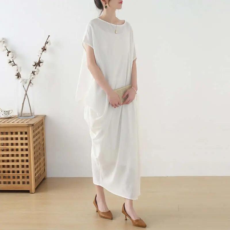 Elegant Asymmetrical Bat Sleeve Midi Summer Dress - Flowy Boho Chic Women's Dress for Beach, Vacation & Date Night