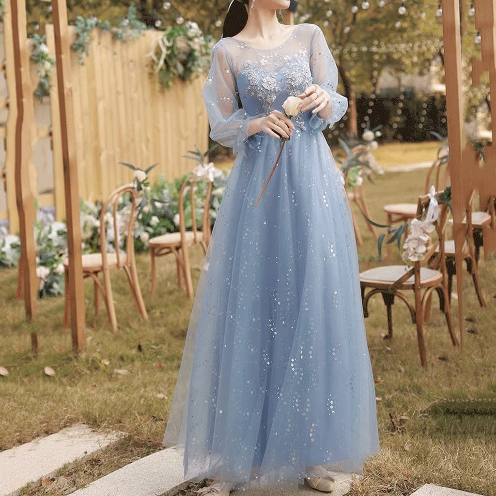 Elegant Fairy Bridesmaid Dress with Flying Sleeves - Blue Chiffon Wedding Party Gown for Bridesmaids & Sister Group (Large) - Perfect for Beach Weddings, Evening Receptions & Formal Events