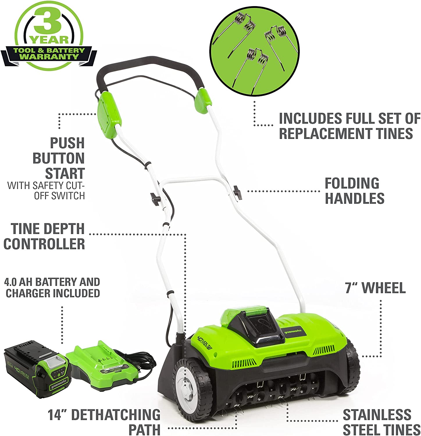 40V 14-Inch Cordless Lawn Dethatcher with 4.0Ah Battery & Fast Charger - Perfect for Removing Thatch, Moss & Dead Grass in Yards, Gardens & Landscapes