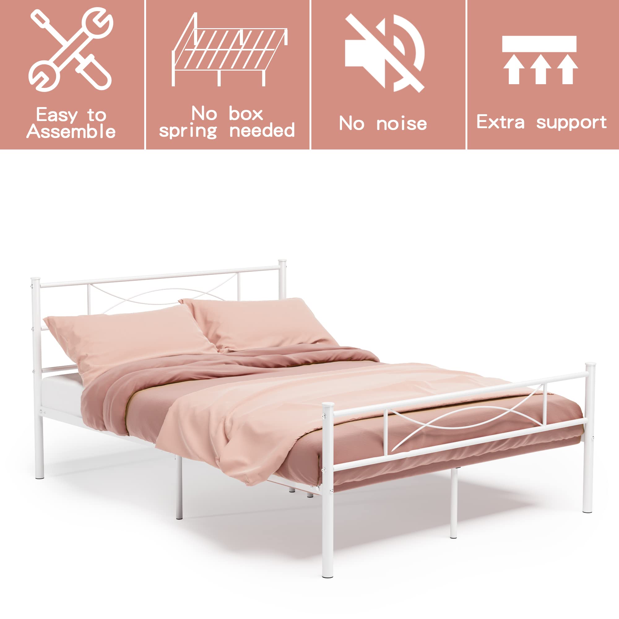Weehom Full Size Bed Frame with Headboard - Sturdy Metal Platform Bed, Mattress Foundation & Box Spring Replacement, Under Bed Storage - Ideal for Kids, Teens & Adults - White - Perfect for Bedrooms, Guest Rooms & Dormitories