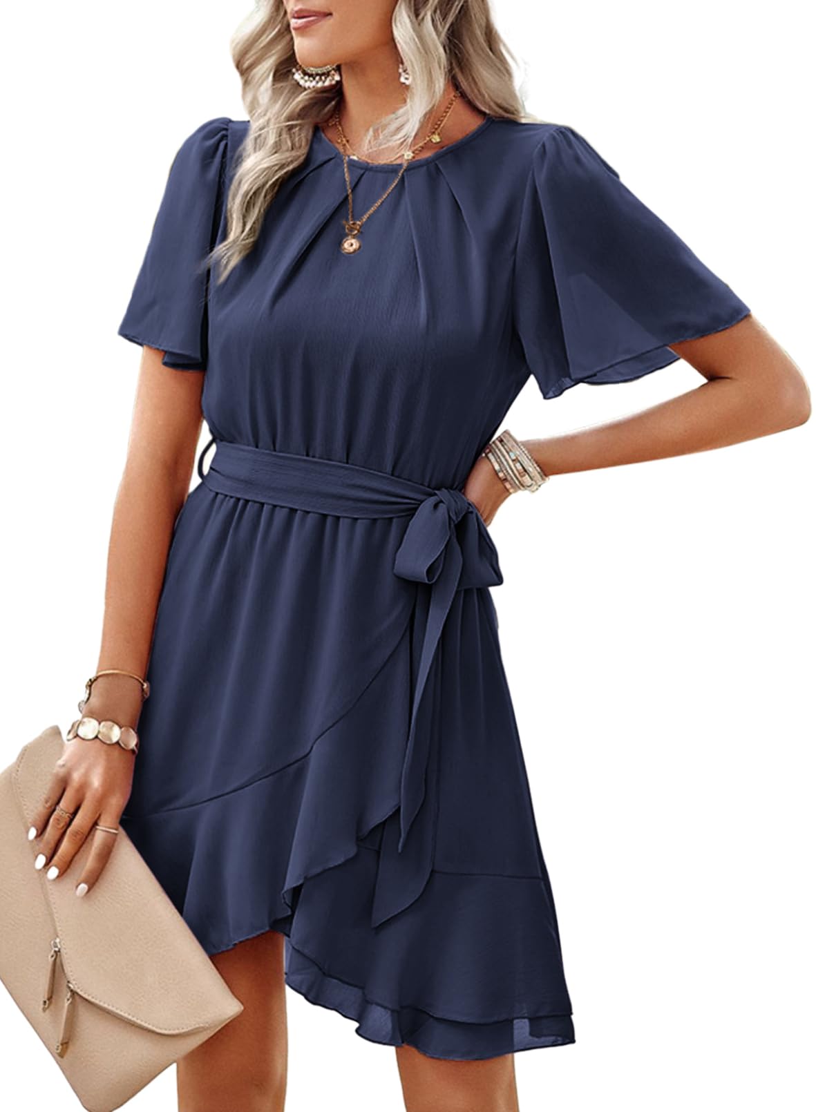 Dokotoo Women's Summer Dress 2025 - Crewneck Short Sleeve Chiffon A-Line Mini Dress with Waist Tie & Ruffle Detail | Casual Swing Dress for Beach, Party & Everyday Wear