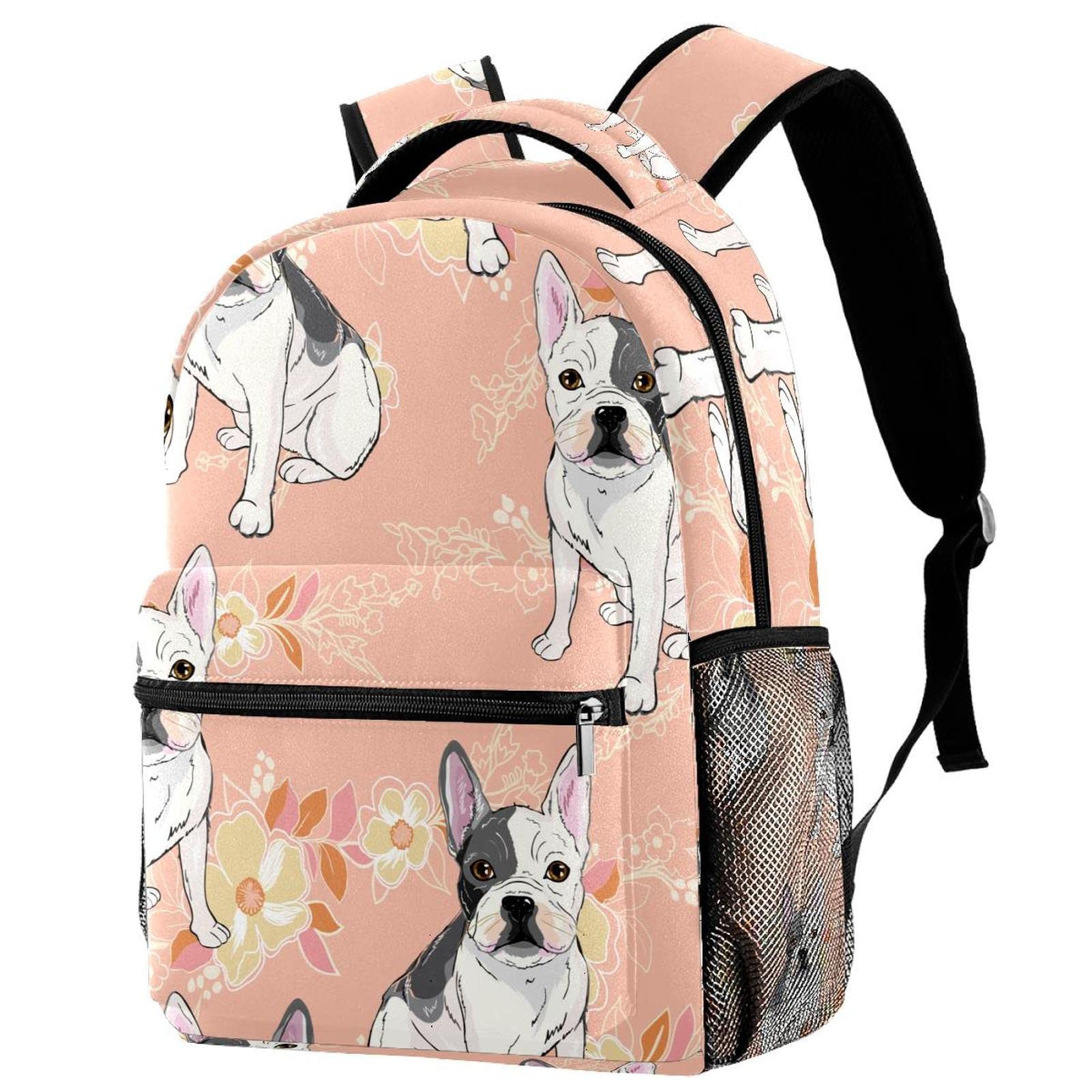 Stylish Black & White Pug Dog Print Backpack with Floral Leaves Design - Durable Shoulder Bag for Students, College, School & Travel | Perfect for Campus, Commuting & Outdoor Adventures