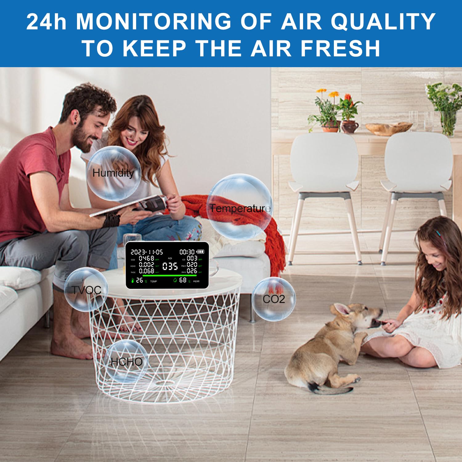 11-in-1 Air Quality Monitor for Home & Office - CO2/VOC/PM2.5/Temp/Humidity Detector, Portable & Battery Powered