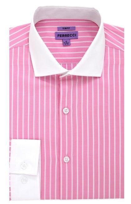 Pitt Slim Fit Cotton Dress Shirt for Men - Pink with White Collar & Pin Stripes | Business Casual & Formal Office Wear