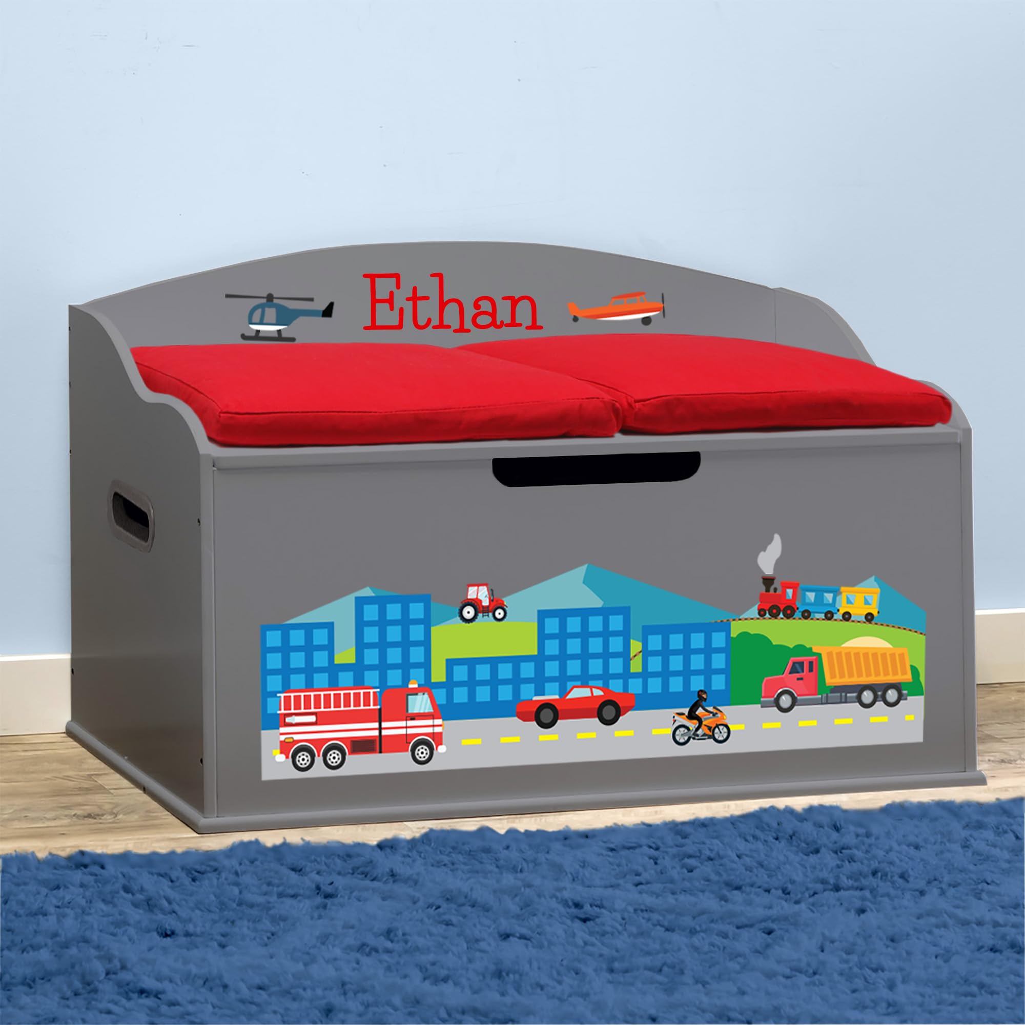 DIBSIES Personalized Kids Toy Storage Box - Cars, Trucks, Planes & Trains Design in Dovetail Grey | Creative Organizer for Bedroom, Playroom & Nursery