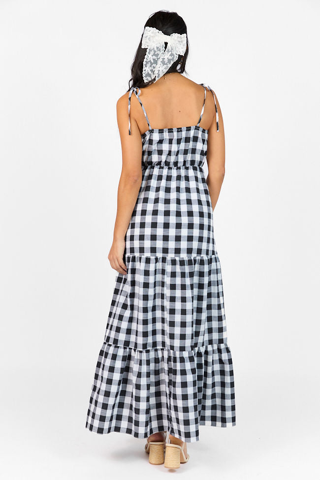 Black and White Gingham Tie Front Maxi Dress - Women's Summer Flowy Long Dress with Side Slits | Perfect for Beach Vacations, Date Nights & Outdoor Parties