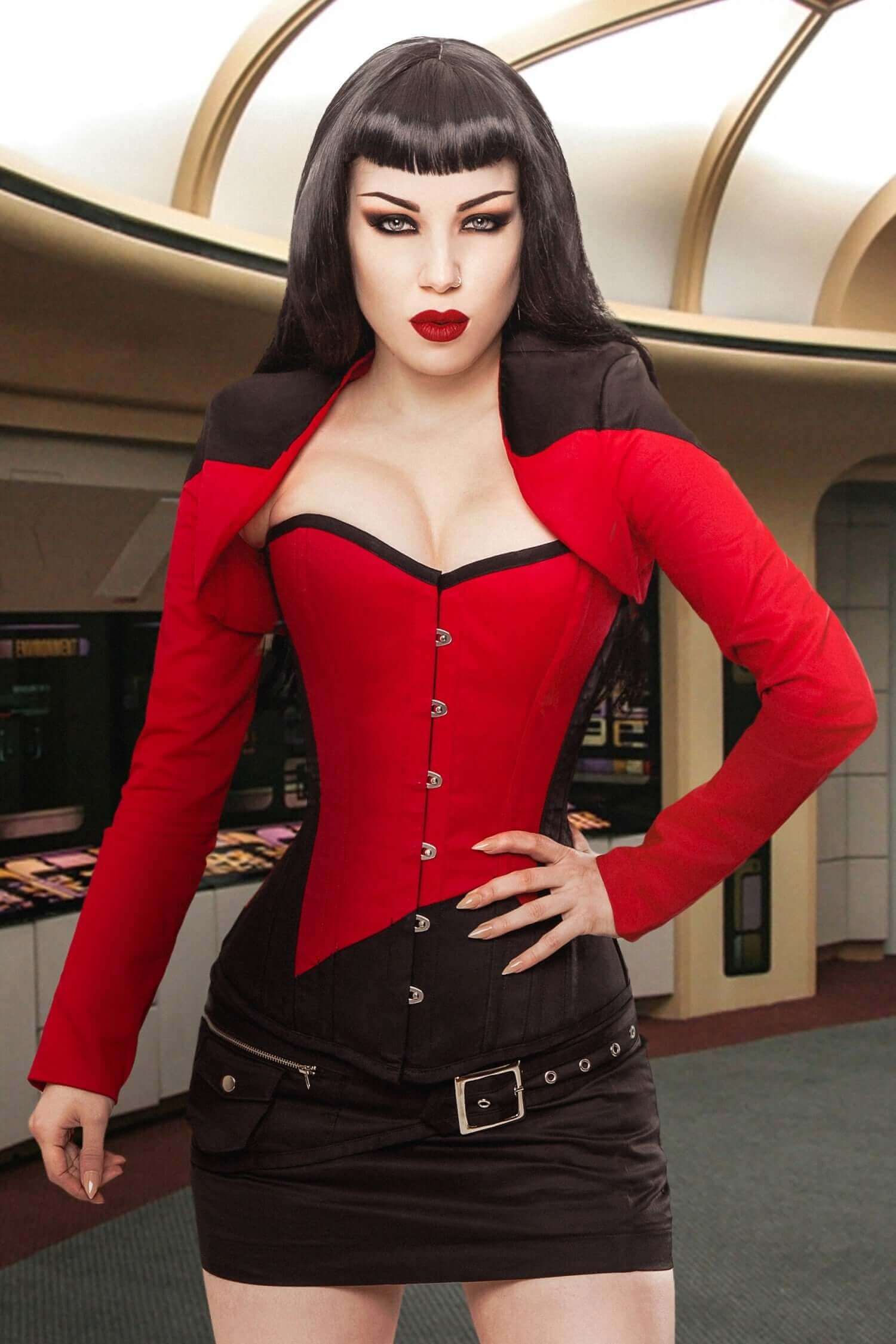 Stylish Black & Red Corset with Bolero Jacket, Skirt & Belt Set - Perfect for Cosplay, Gothic Fashion & Evening Events