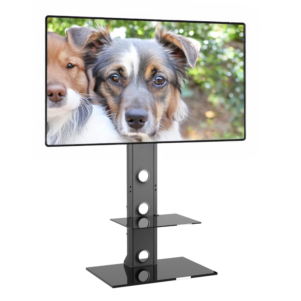 ProMounts Universal Swivel Floor TV Stand for 37-72 Inch TVs - Heavy Duty Adjustable TV Mount with Shelves (±25° Tilt) - Supports up to 110 lbs - Perfect for Living Rooms, Bedrooms & Home Theaters