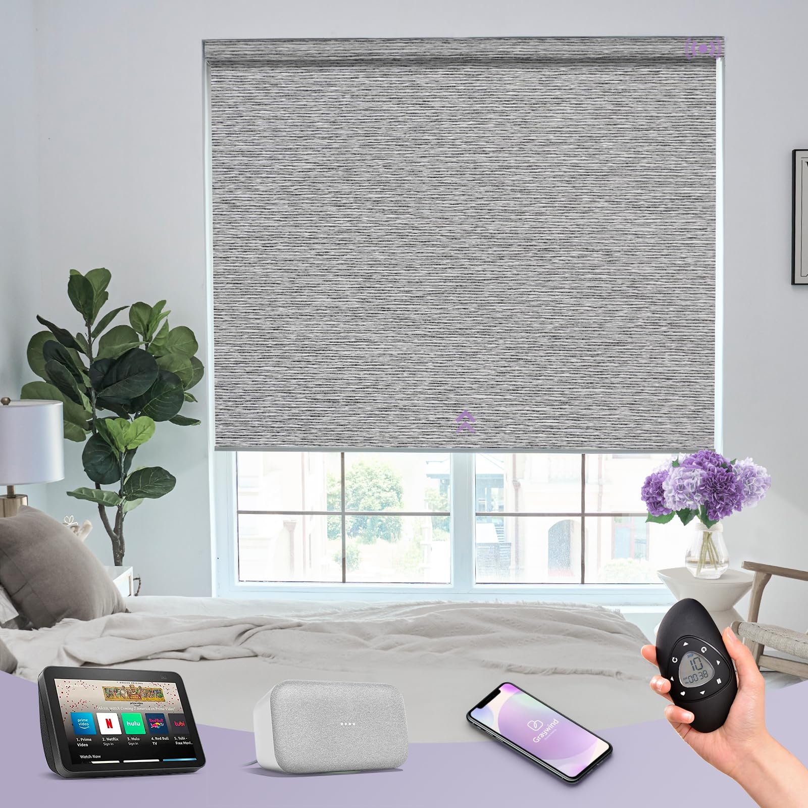 Graywind Smart Blackout Roller Shades - Alexa & Google Compatible, Rechargeable Motorized Blinds with Cordless Remote, Textured Gleaming Fabric, Custom Size (Striped Grey) - Perfect for Bedrooms, Living Rooms & Home Offices