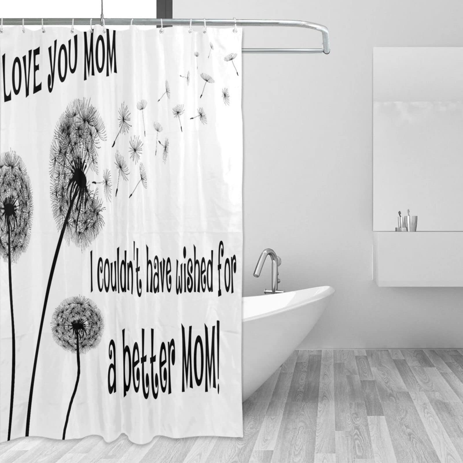 Mom Shower Curtain - I Love You Mom Floral Design with Dandelions, Waterproof Polyester Fabric Bathroom Curtain Set with Hooks 66x72 Inches - Perfect for Mother's Day Gifts, Bathroom Decor & Spa Relaxation
